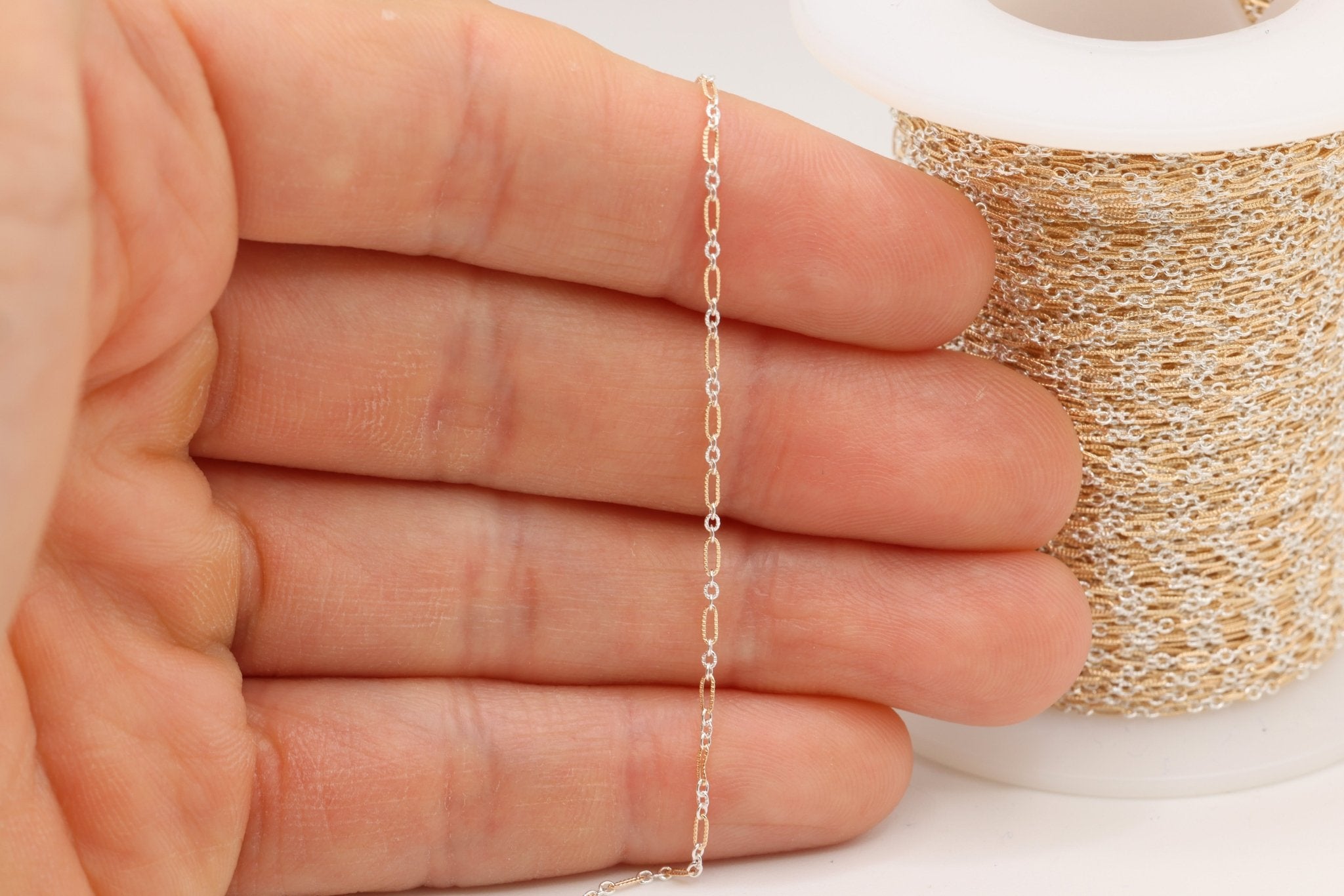 1.3mm x 2.8mm Figaro Long & Short Knurled Two Tone Chain, 14/20 Gold-Filled and 925 Sterling Silver, Wholesale, Pay Per Foot, 1 & 3 Link Jewelry Making Chain - HarperCrown
