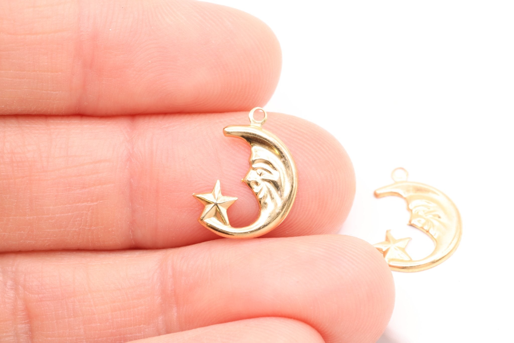 14K Gold-Filled Moon Face Charm, Celestial Crescent Moon Star, Jewelry Making Charm - HarperCrown