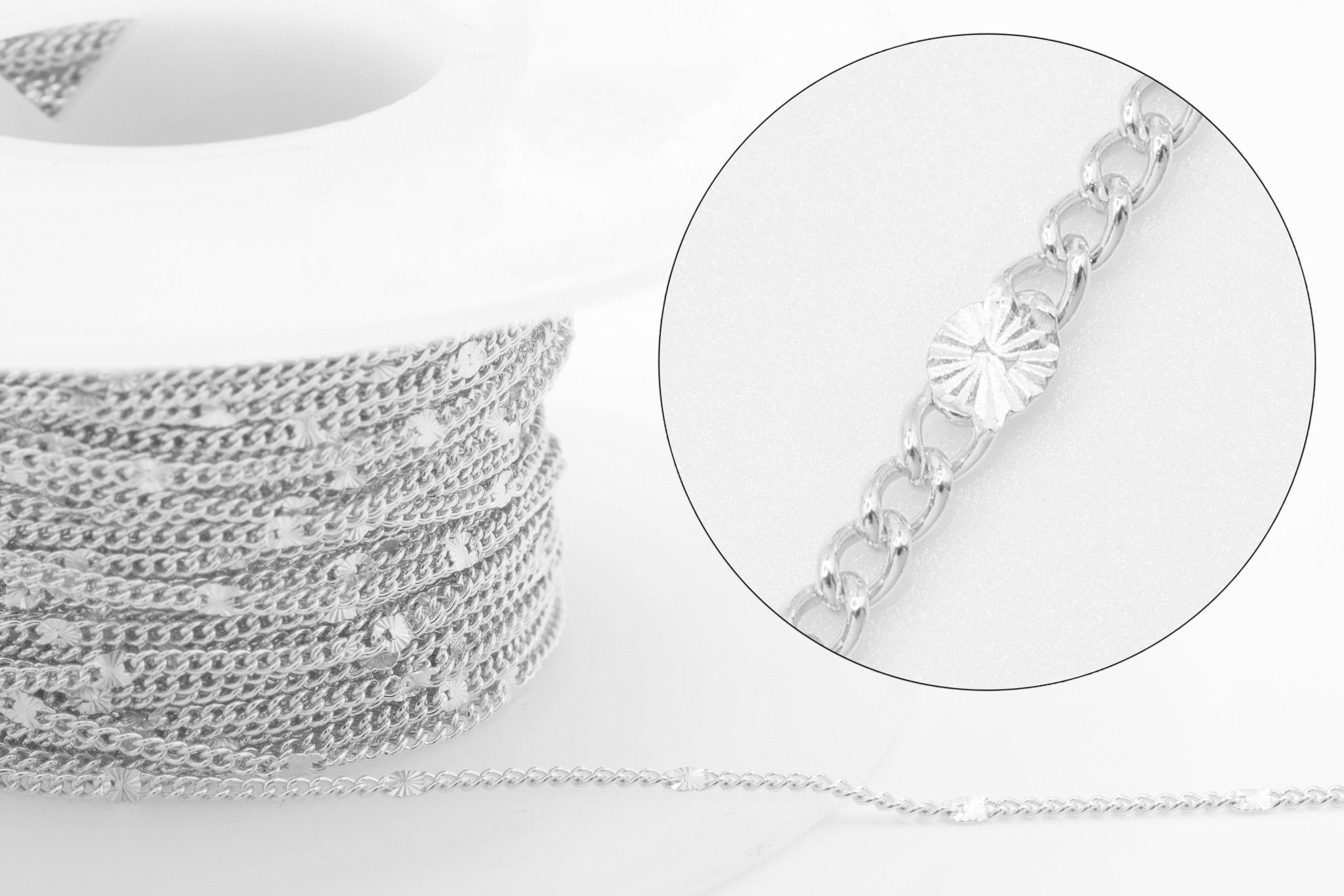1.5mm Starburst Curb Chain, 925 Sterling Silver, Wholesale, Pay Per Foot Jewelry Making Chain - HarperCrown