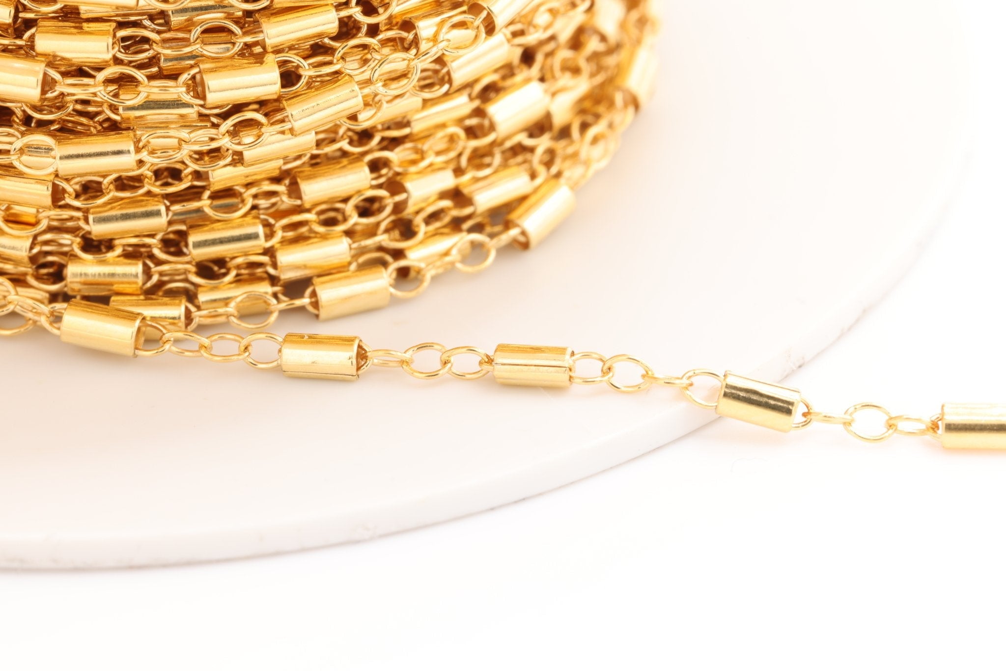 1.5mm x 3mm Tube Bar Chain, Gold - Filled or Sterling Silver, Cylinder Straight Tube Bar Link, Bulk Pay Per Foot Uncut Spools For Jewelers - HarperCrown