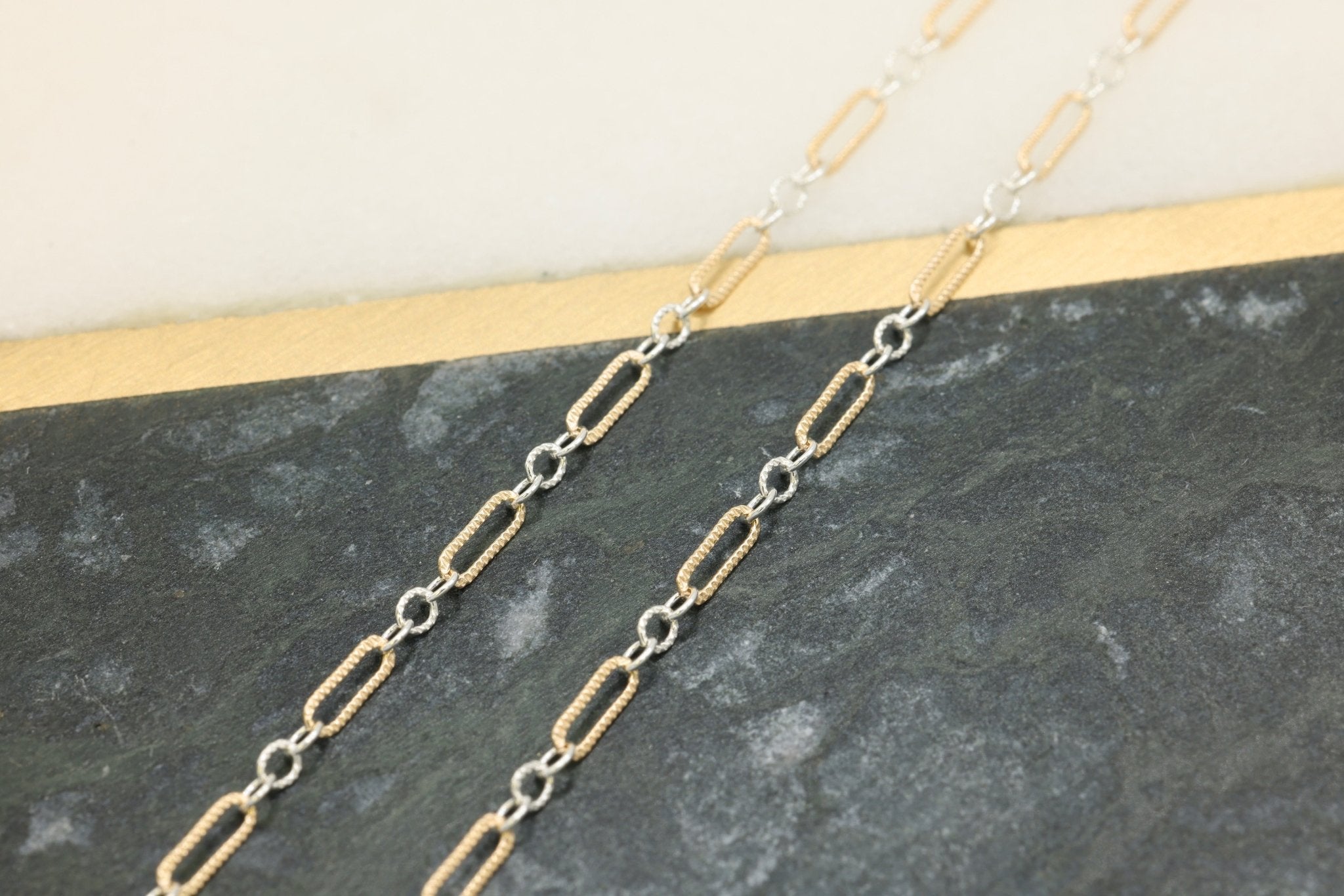 1.5mm x 4.5mm Knurled Long & Short Two Tone Chain, 14/20 Gold-Filled and 925 Sterling Silver, Wholesale, Pay Per Foot, 1 & 3 Link Jewelry Making Chain - HarperCrown