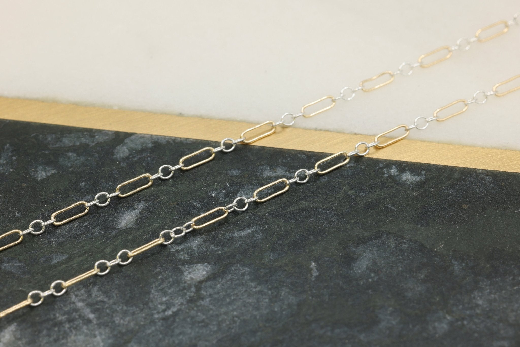 1.5mm x 4.5mm Long & Short Two Tone Chain, 14/20 Gold - Filled and 925 Sterling Silver, Wholesale, Pay Per Foot, 1 & 3 Link Jewelry Making Chain - HarperCrown