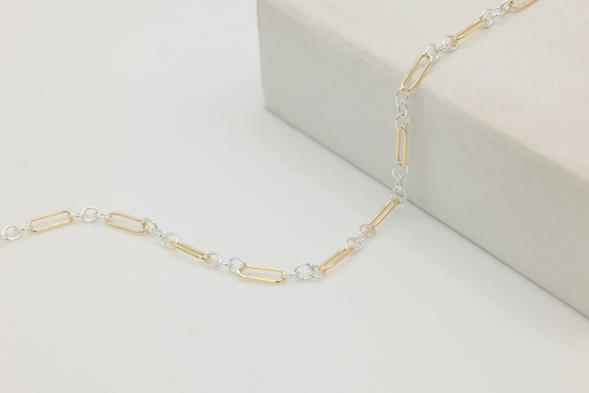 1.5mm x 4.5mm Long & Short Two Tone Chain, 14/20 Gold - Filled and 925 Sterling Silver, Wholesale, Pay Per Foot, 1 & 3 Link Jewelry Making Chain - HarperCrown