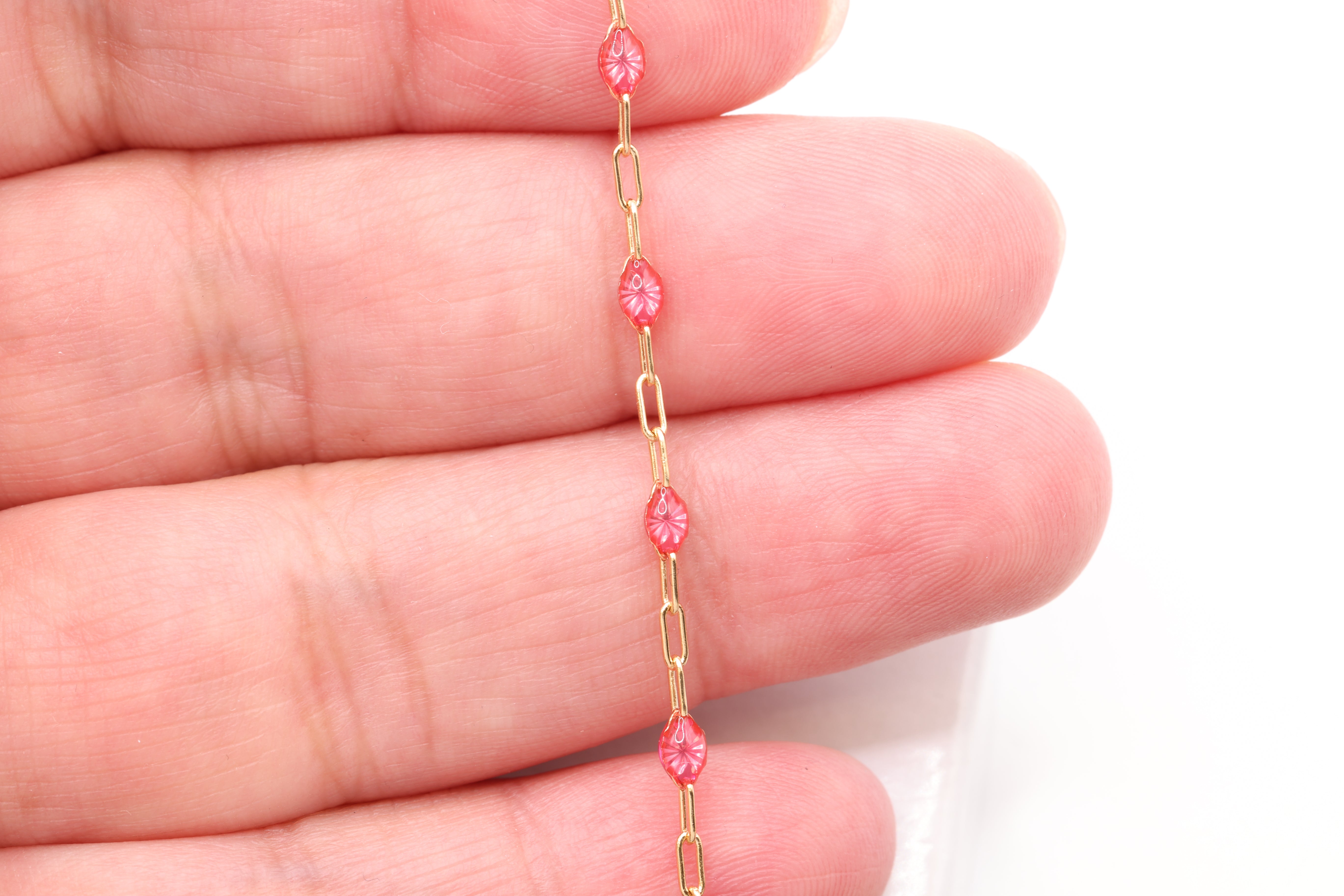 2mm x 2.5mm Paperclip Fuchsia Enamel Chain, 14/20 Gold-Filled, Enamel Color Unfinished Chain Permanent Jewelry