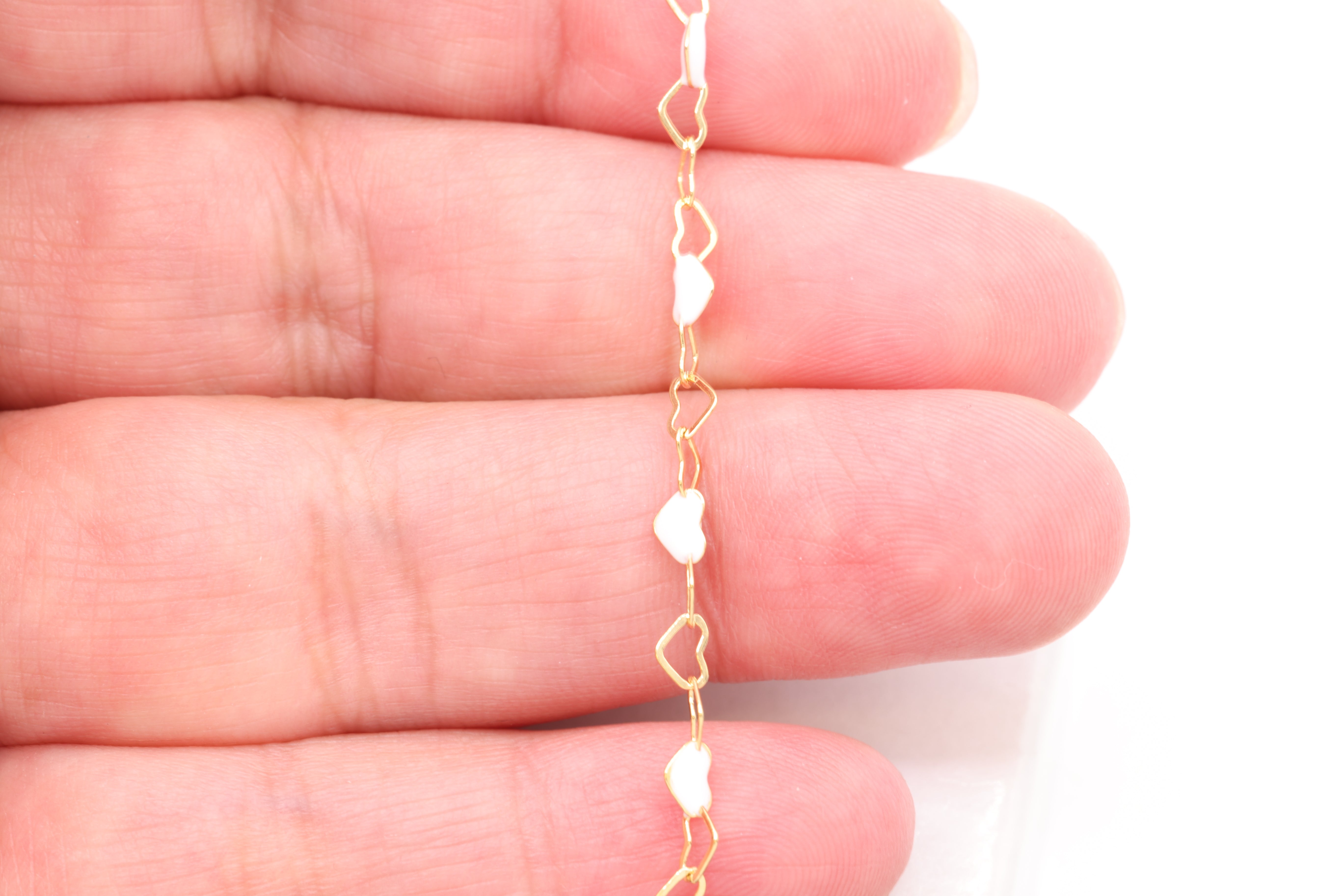 3mm x 3mm Heart White Enamel Chain, 14/20 Gold-Filled, Enamel Color Unfinished Chain Permanent Jewelry