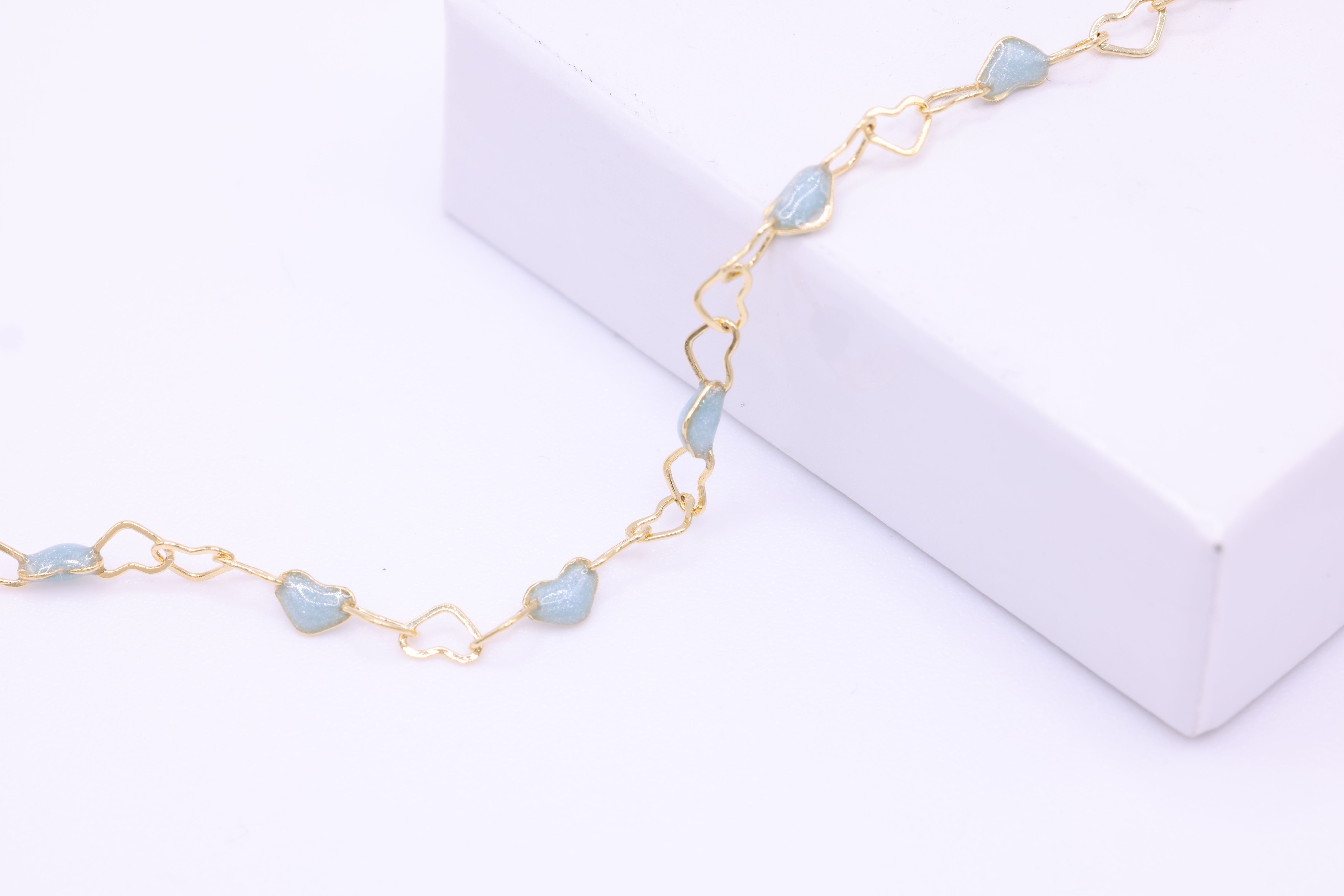 3mm x 3mm Heart Blue Enamel Chain, 14/20 Gold-Filled, Enamel Color Unfinished Chain Permanent Jewelry