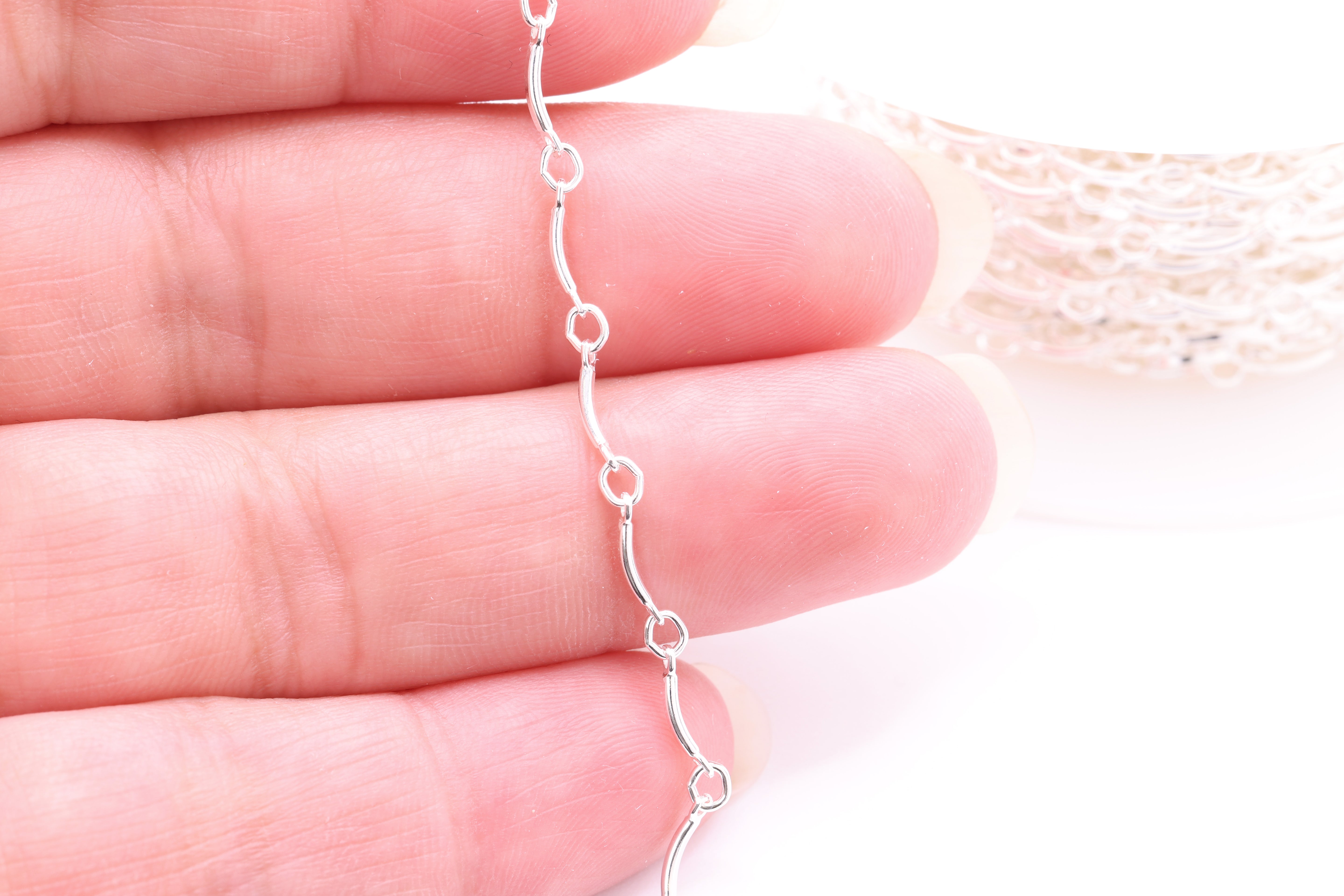 1mm x 8mm Curved Bar Chain, 925 Sterling Silver, Wholesale, Pay Per Inch, Jewelry Making Chain