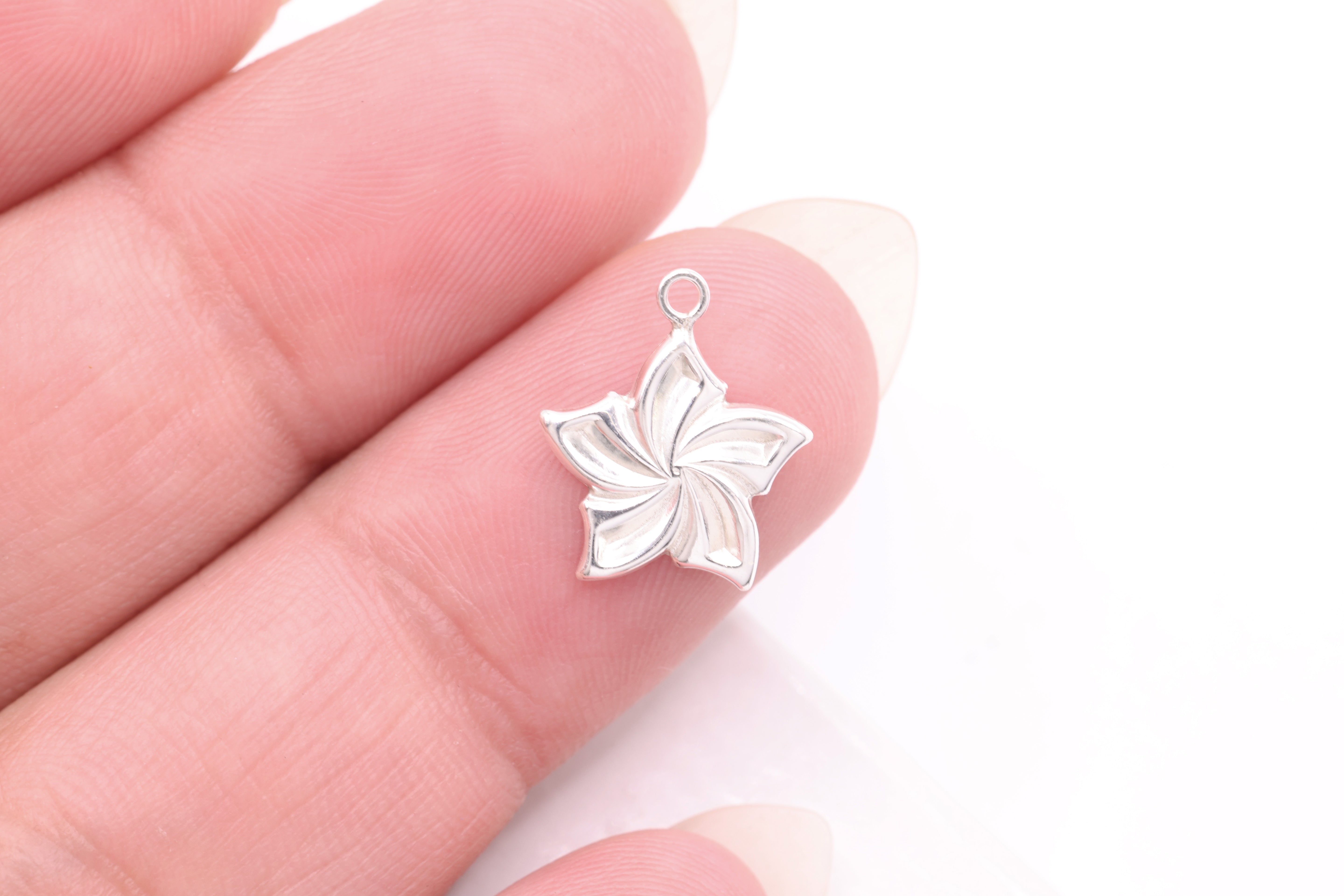 Plumeria Flower Charm, Wholesale, 925 Sterling Silver, 13mm, Floral Pinwheel Spring Flower Hawaiian
