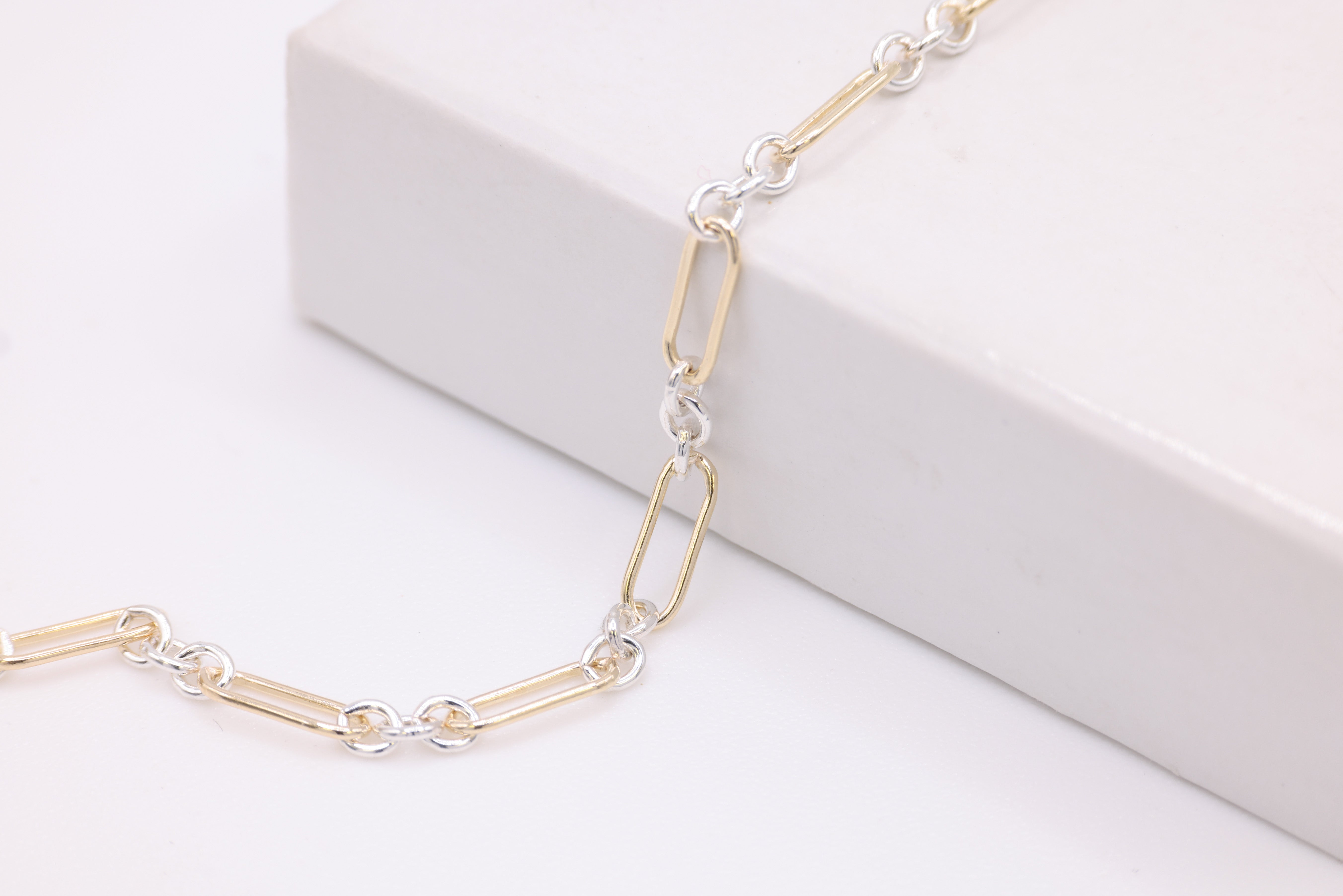 2.3mm x 6.5mm Long & Short Two Tone Chain, 14/20 Gold-Filled and 925 Sterling Silver, Wholesale, Pay Per Foot, 1 & 3 Link Jewelry Making Chain