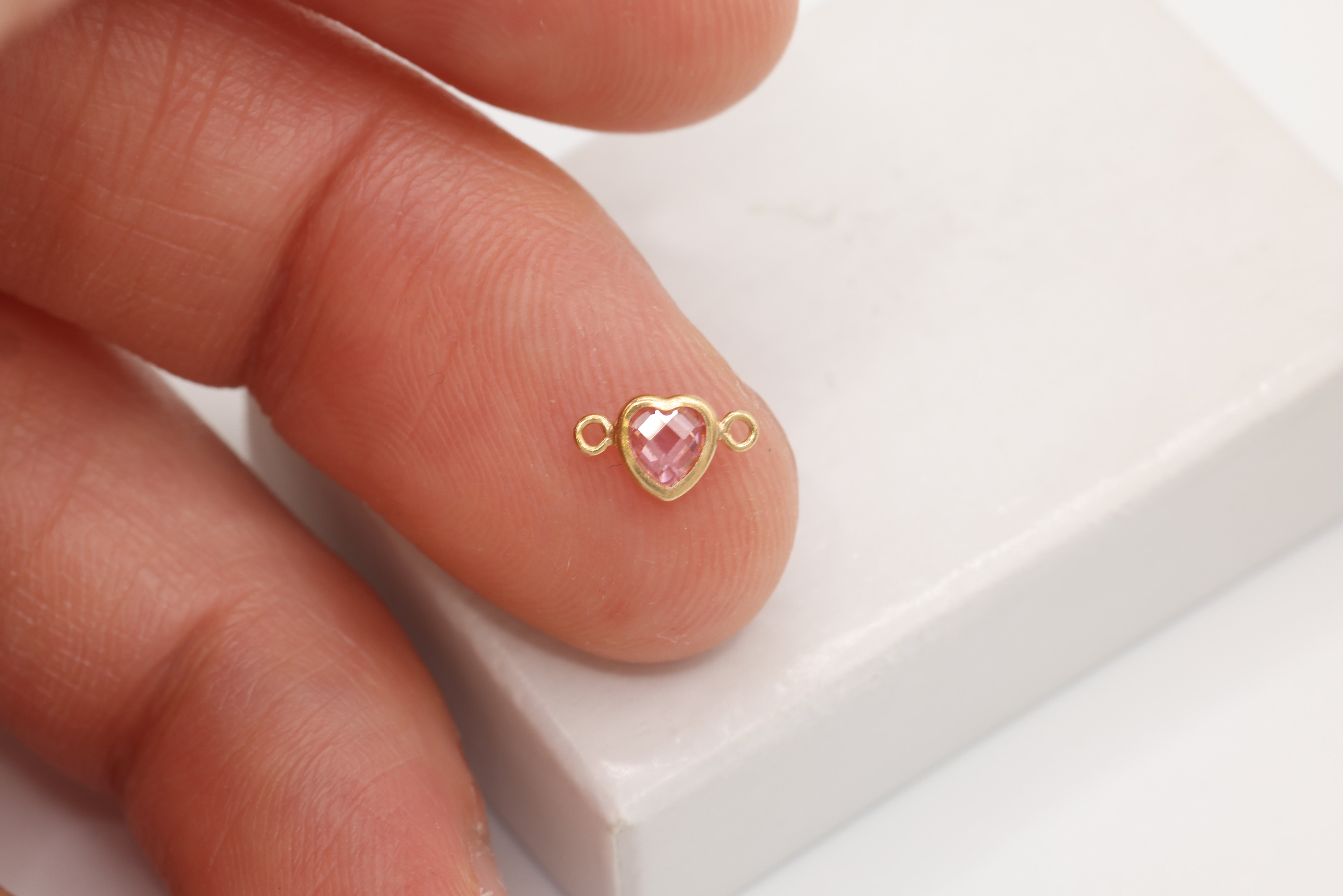 Pink CZ Heart Connector Charm, 14/20 Gold-Filled, 5mm x 5mm, Faceted Cubic Zirconia Stone, Jewelry Making Charm