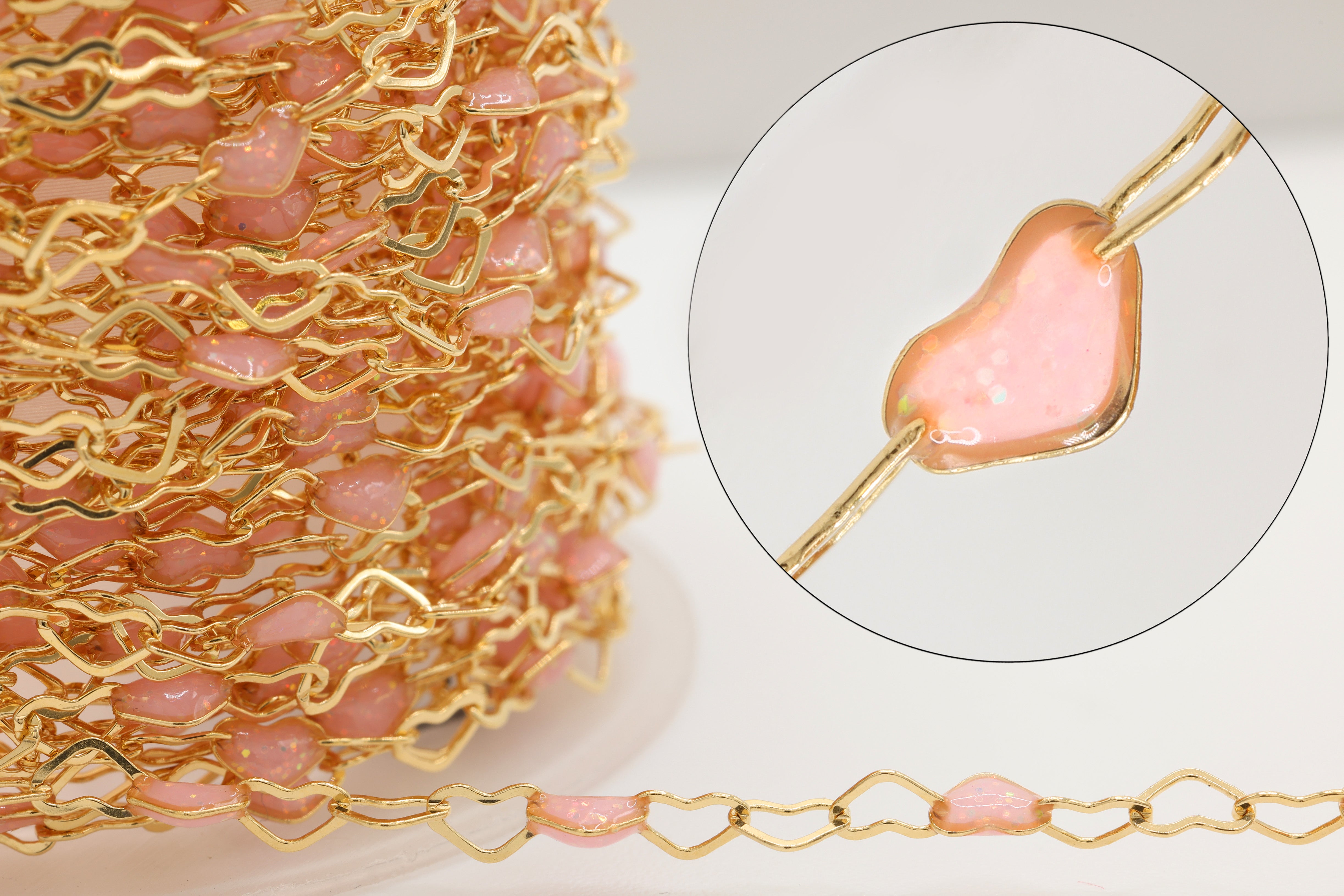 3mm x 3mm Heart Light Pink Enamel Chain, 14/20 Gold-Filled, Enamel Color Unfinished Chain Permanent Jewelry
