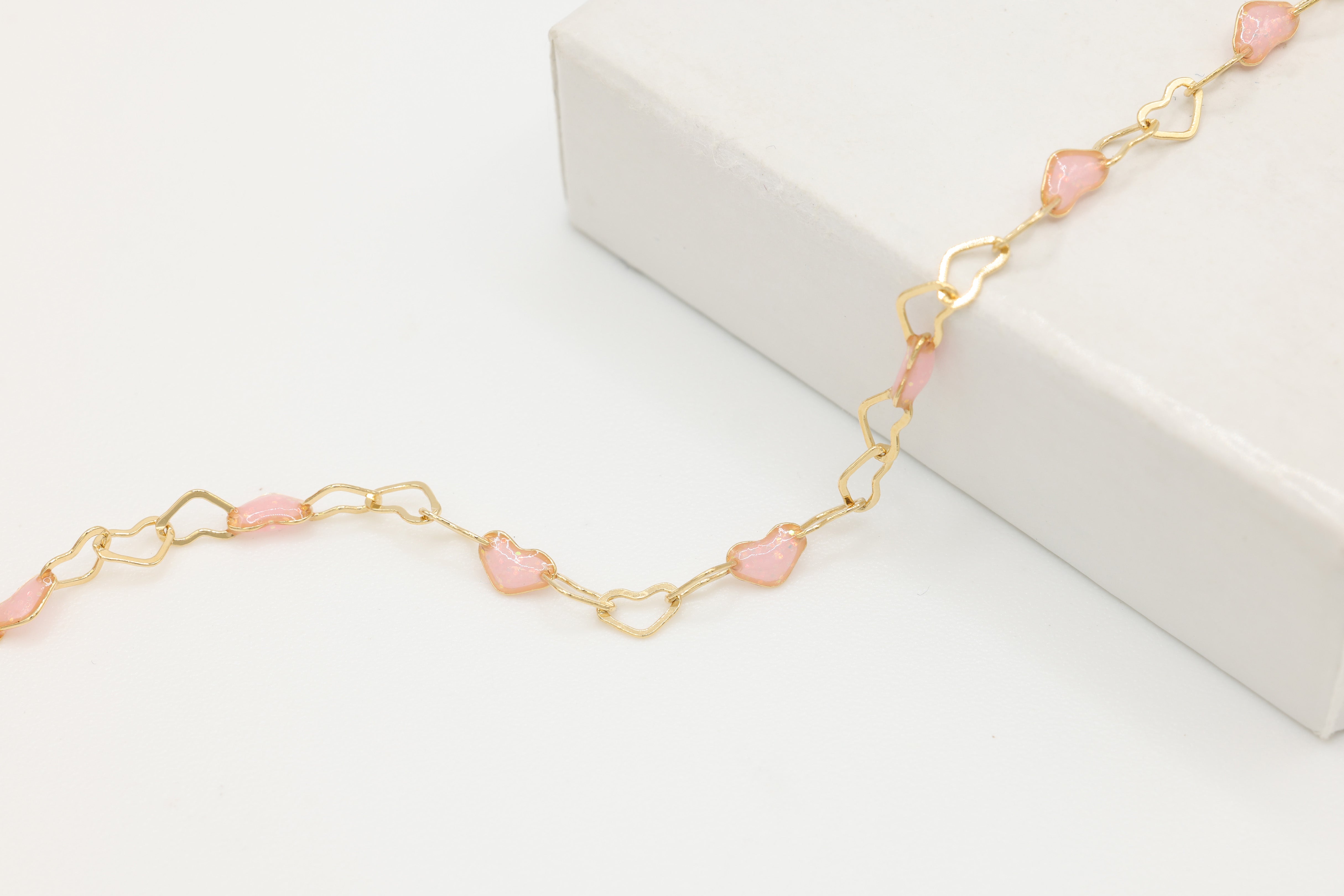 3mm x 3mm Heart Light Pink Enamel Chain, 14/20 Gold-Filled, Enamel Color Unfinished Chain Permanent Jewelry