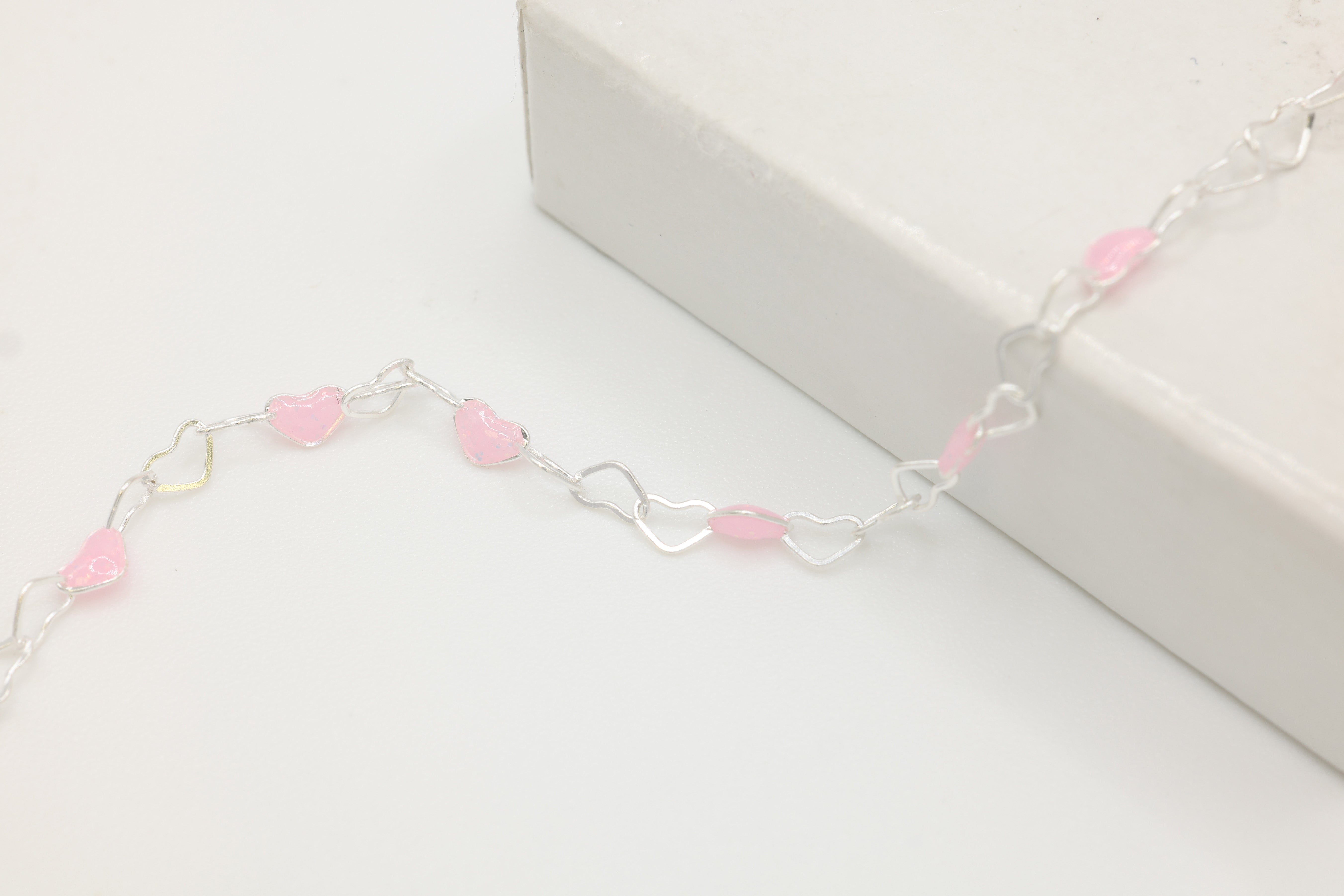 3mm x 3mm Heart Light Pink Enamel Chain, 925 Sterling Silver, Enamel Color Unfinished Chain Permanent Jewelry
