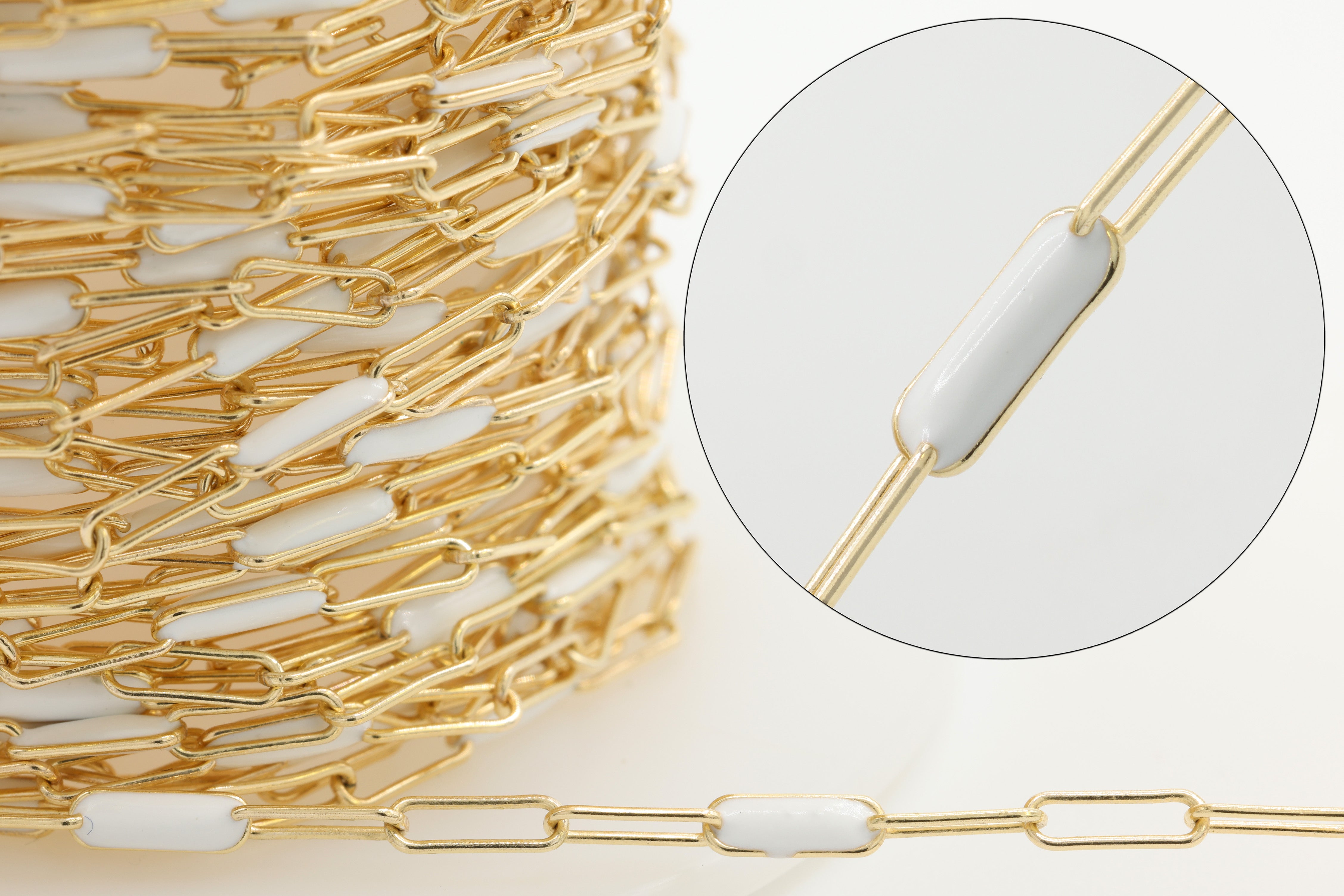 2mm x 5.5mm Paperclip Precision White Enamel Chain, 14/20 Gold-Filled, Wholesale, Chain Permanent Jewelry