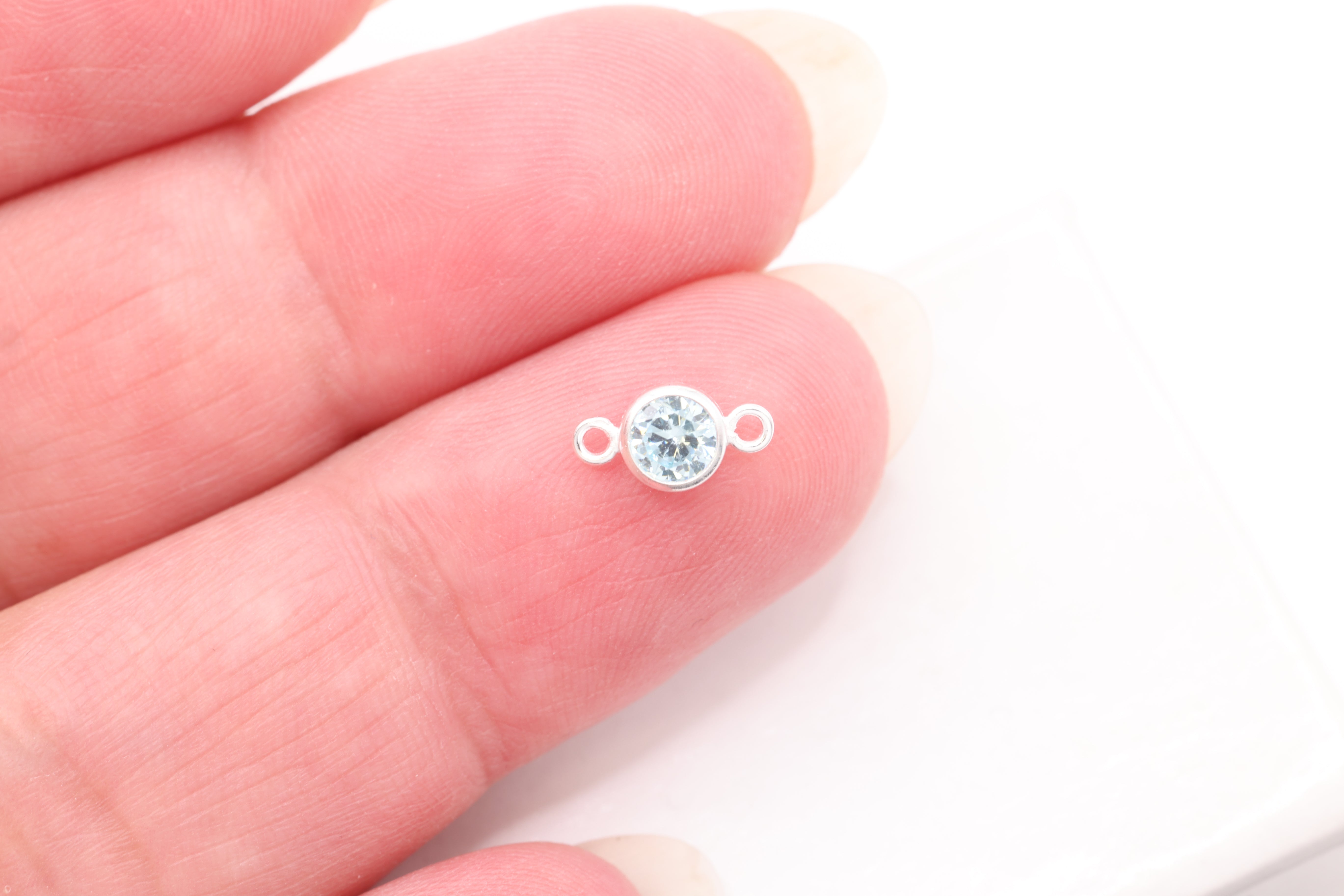 Birthstone CZ Connector Charm, Wholesale, 925 Sterling Silver, 4mm, Cubic Zirconia Bezel Frame Spacer Link Jewelry Finding