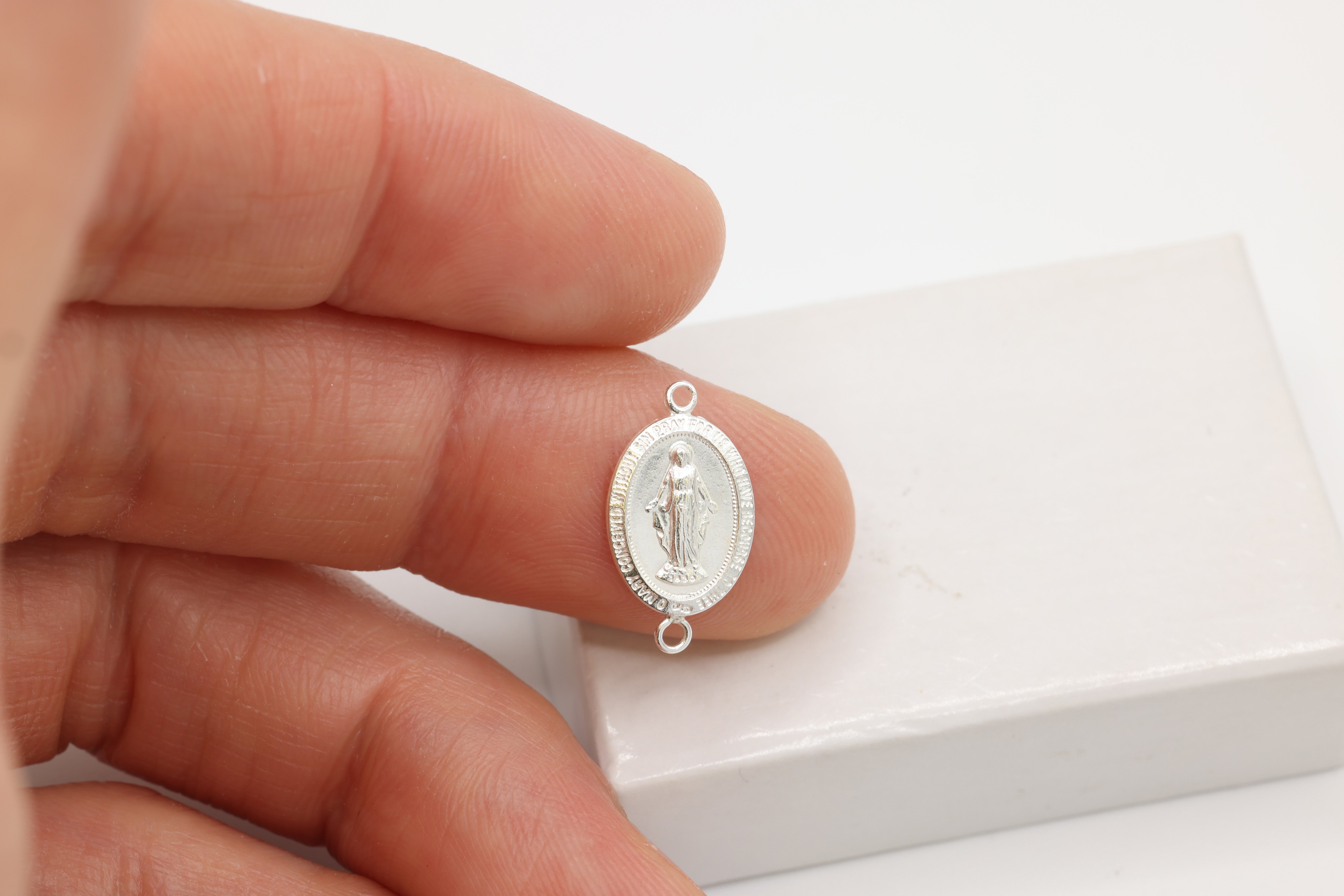 Virgin Mary Connector Charm, Wholesale, 925 Sterling Silver, 13mm x 9mm, Rosary Catholic Religious Our Lady of Guadalupe, Jewelry Making Charm