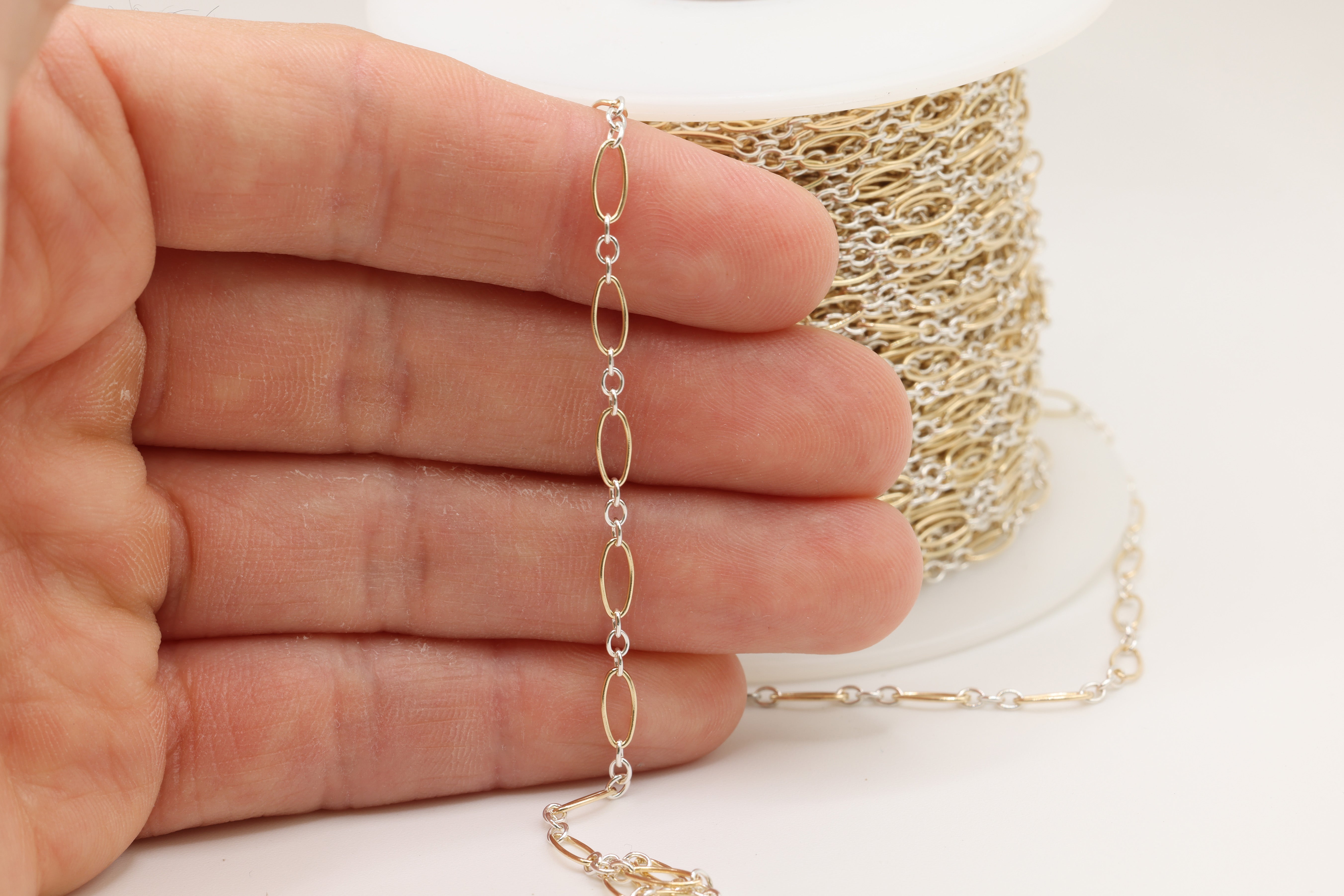 3mm x 7.5mm Long & Short Oval Two Tone Chain, 14/20 Gold-Filled or 925 Sterling Silver, Wholesale, Pay Per Foot, Jewelry Making Chain