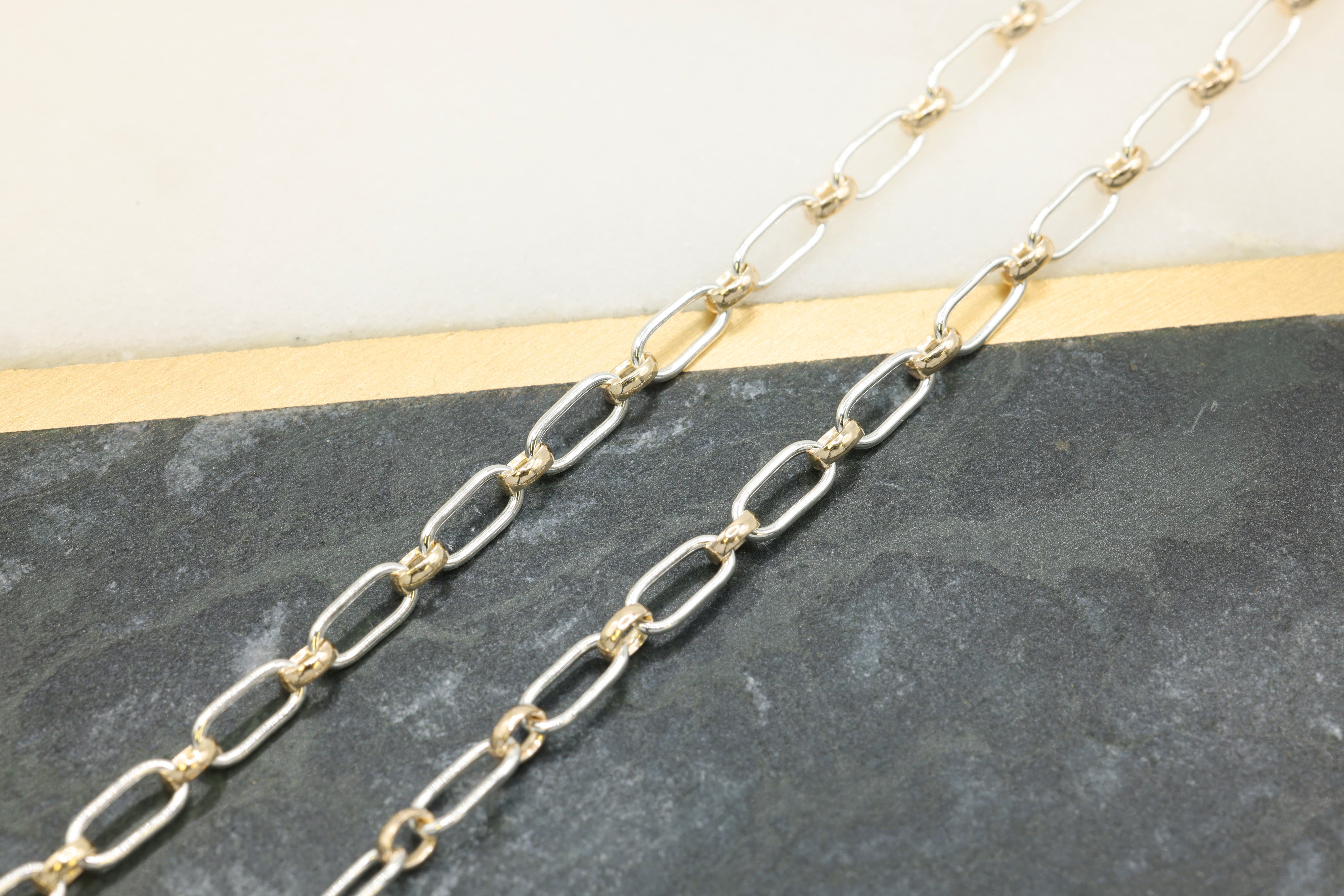 2.5mm x 6mm Long & Short Two Tone Chain, 14/20 Gold-Filled and 925 Sterling Silver, Wholesale, Pay Per Foot, 1 & 1 Link Jewelry Making Chain