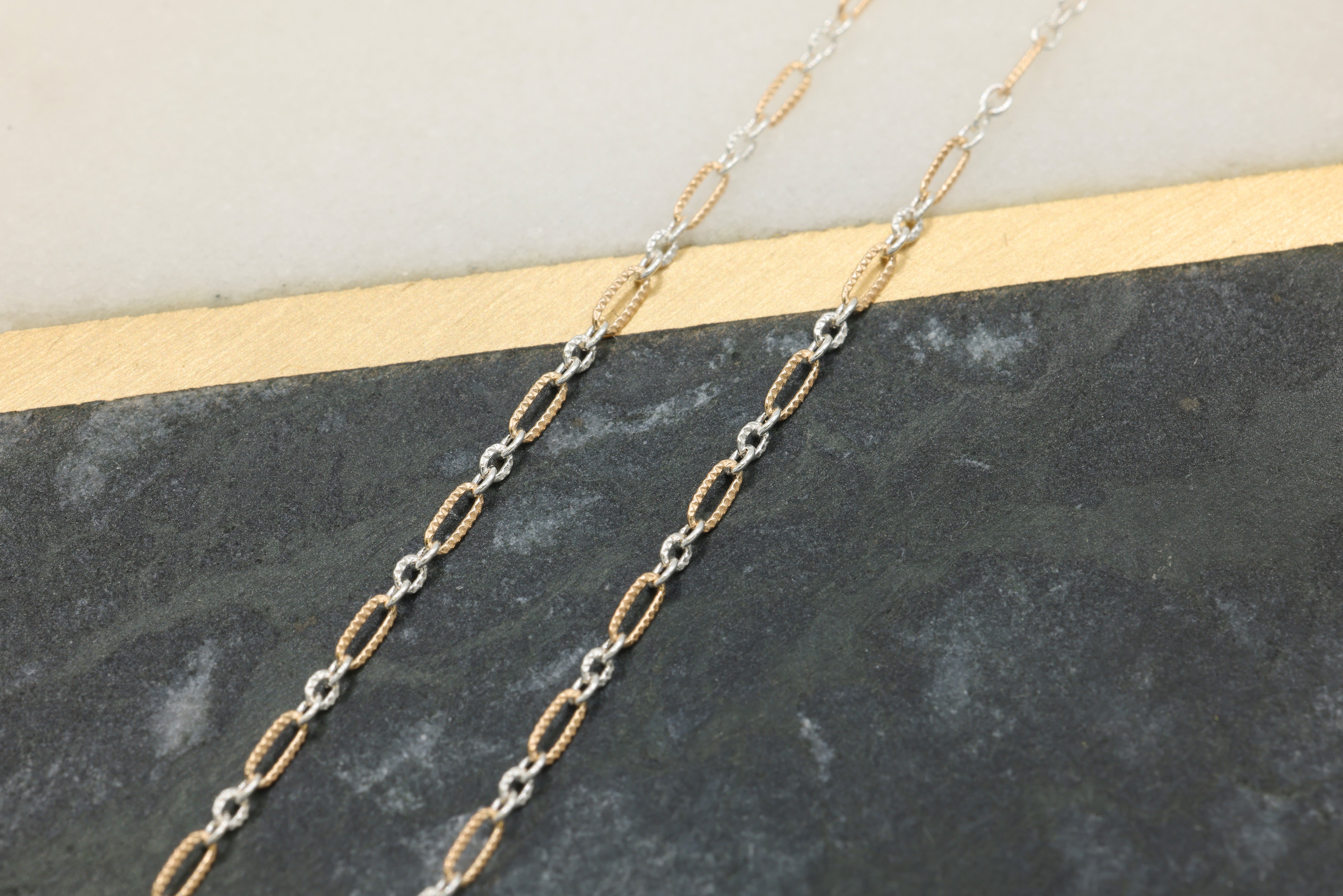 1.3mm x 2.8mm Figaro Long & Short Knurled Two Tone Chain, 14/20 Gold-Filled and 925 Sterling Silver, Wholesale, Pay Per Foot, 1 & 3 Link Jewelry Making Chain