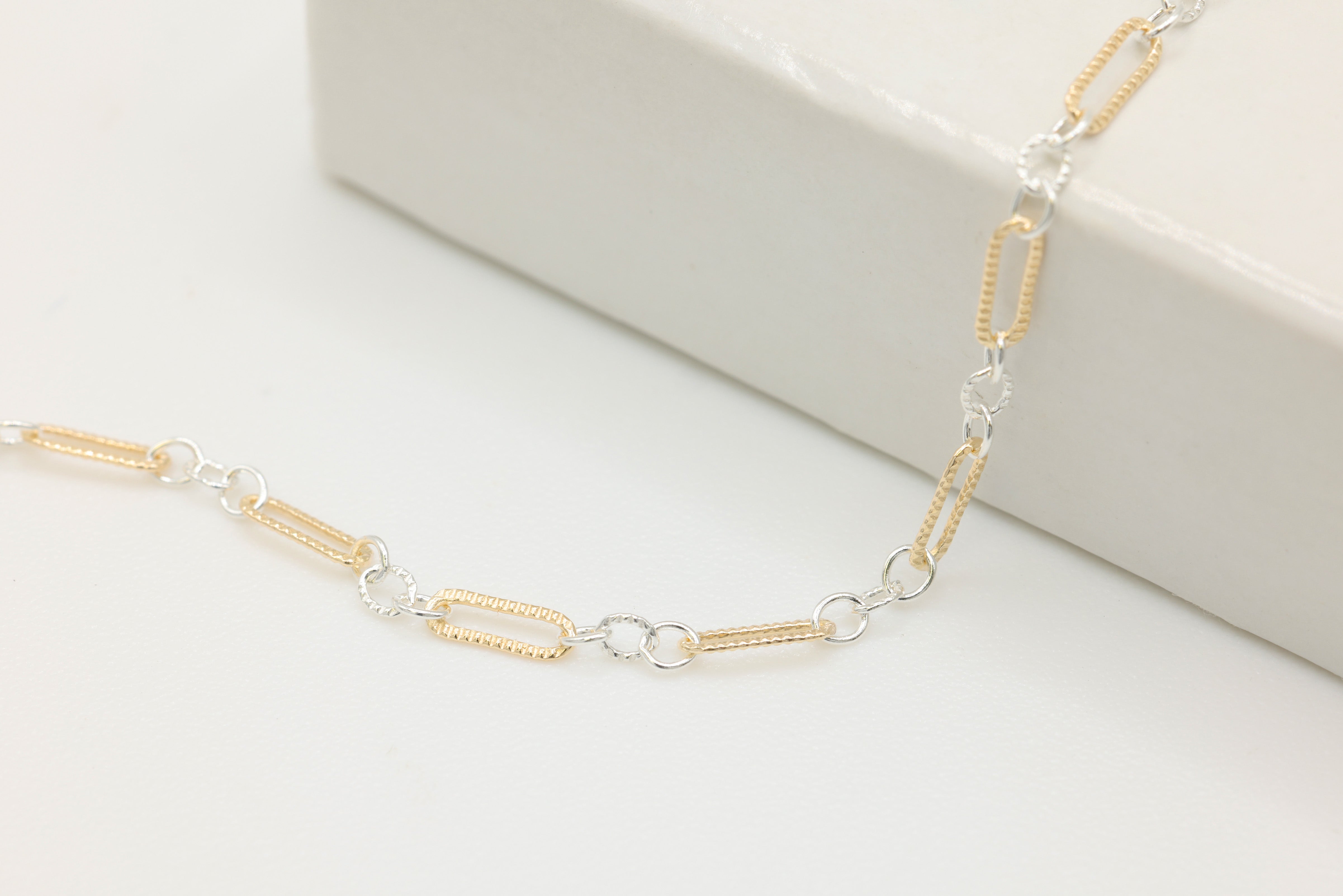 1.5mm x 4.5mm Knurled Long & Short Two Tone Chain, 14/20 Gold-Filled and 925 Sterling Silver, Wholesale, Pay Per Foot, 1 & 3 Link Jewelry Making Chain