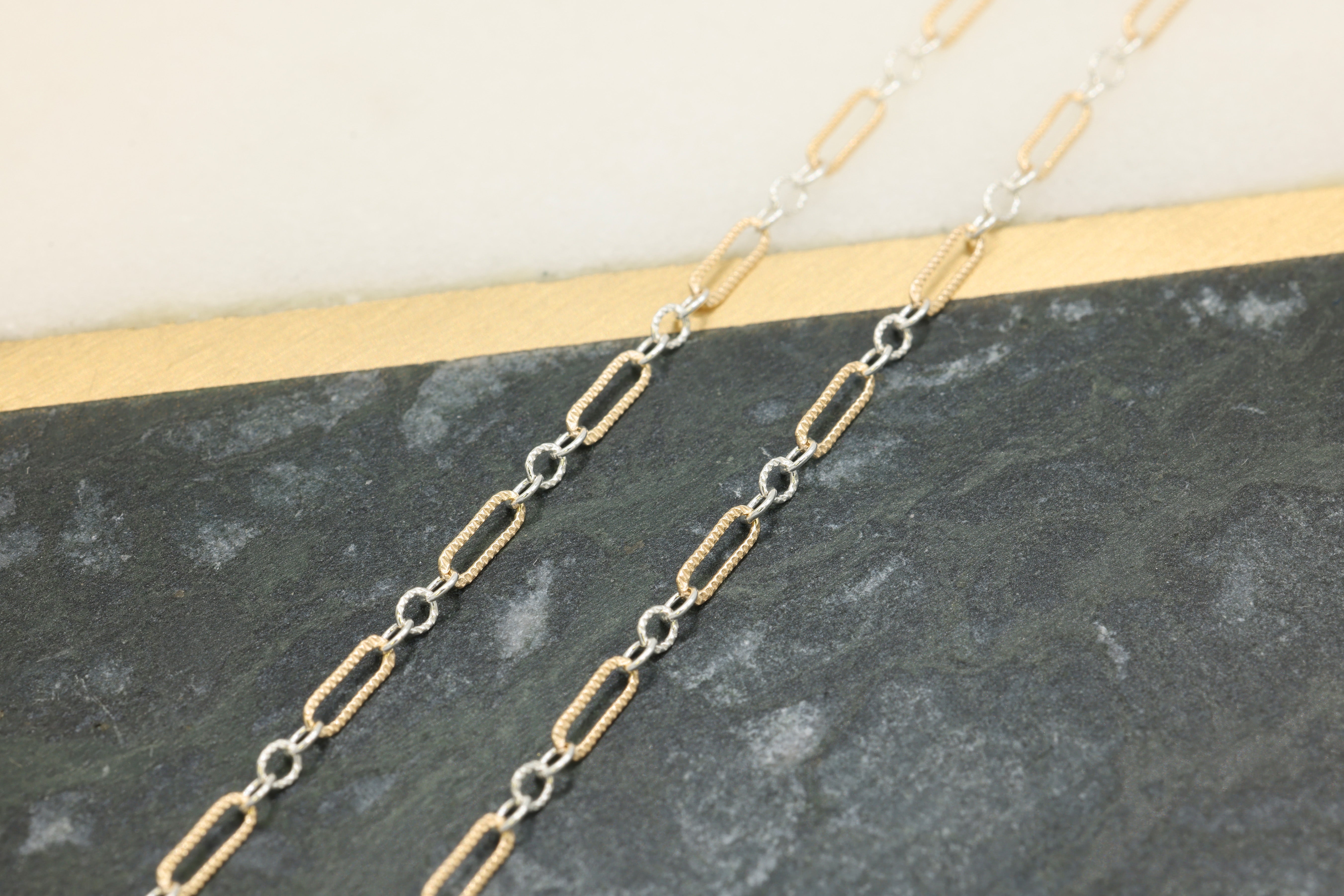 1.5mm x 4.5mm Knurled Long & Short Two Tone Chain, 14/20 Gold-Filled and 925 Sterling Silver, Wholesale, Pay Per Foot, 1 & 3 Link Jewelry Making Chain