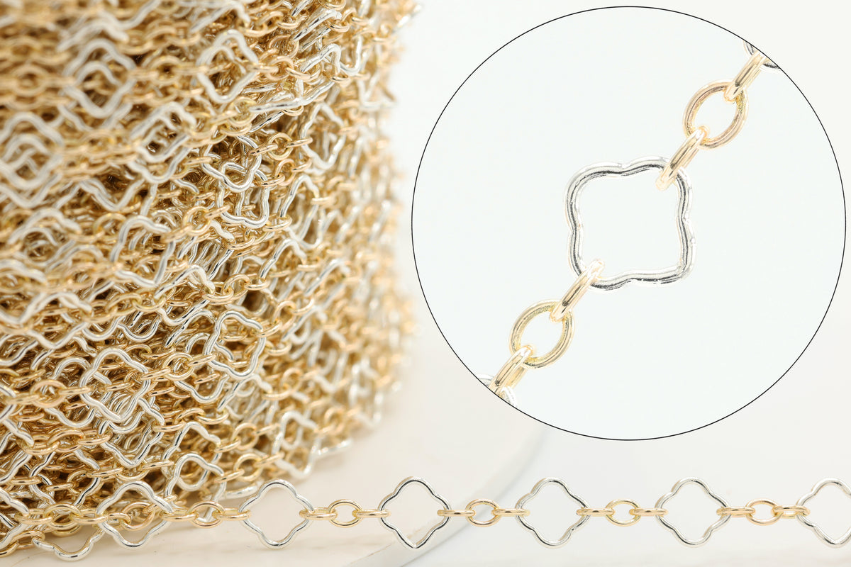 4mm Flower Long & Short Two Tone Chain, 14/20 Gold-Filled and 925 Sterling Silver, Wholesale, Pay Per Foot, Jewelry Making Chain