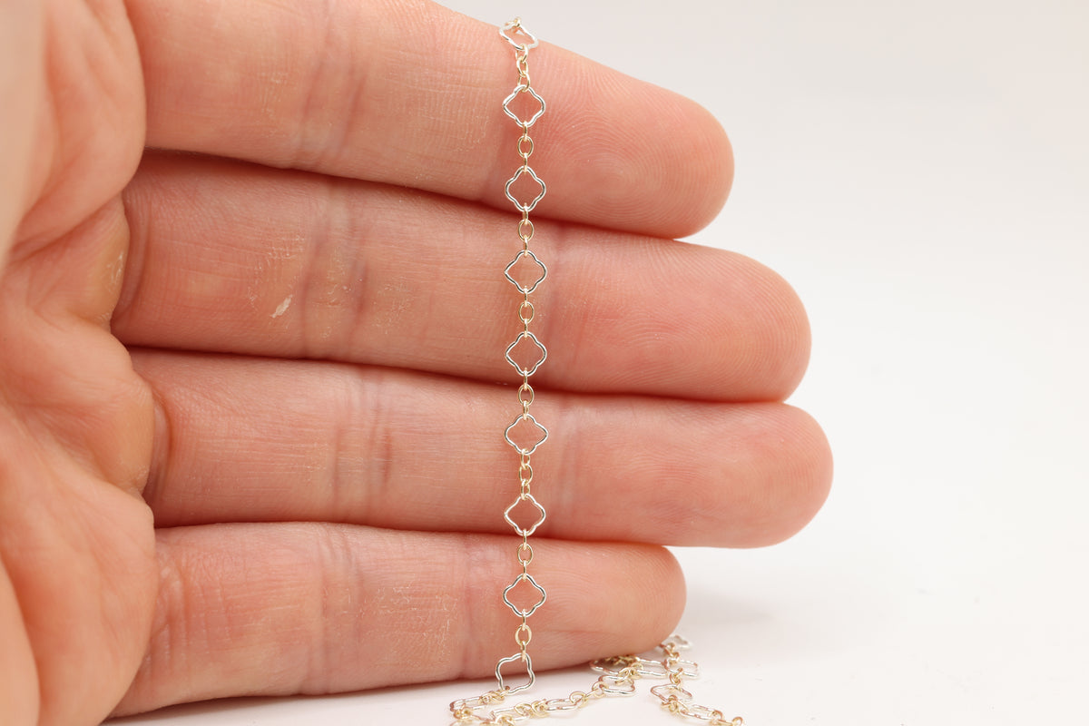 4mm Flower Long & Short Two Tone Chain, 14/20 Gold-Filled and 925 Sterling Silver, Wholesale, Pay Per Foot, Jewelry Making Chain