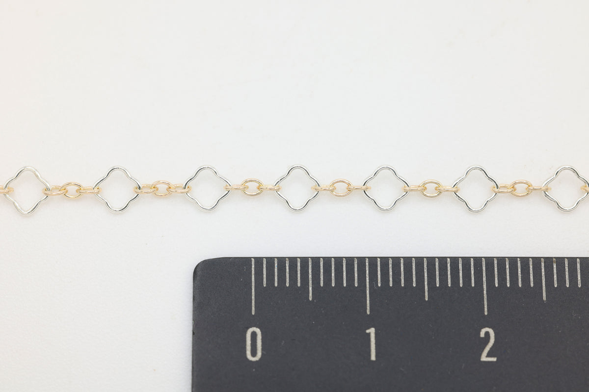 4mm Flower Long & Short Two Tone Chain, 14/20 Gold-Filled and 925 Sterling Silver, Wholesale, Pay Per Foot, Jewelry Making Chain