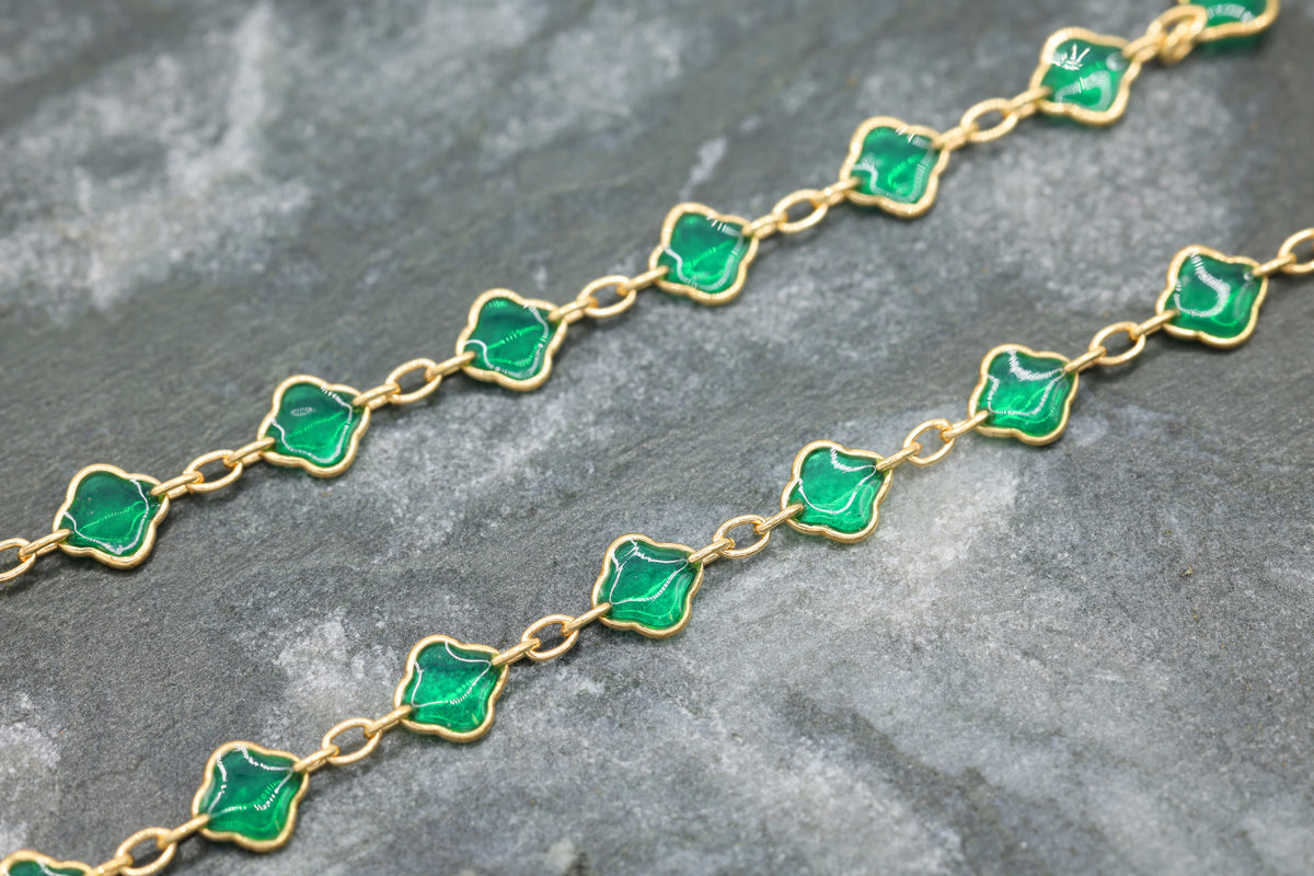 4mm Flower Green Enamel Chain, 14/20 Gold-Filled, Wholesale, Pay Per Foot, Jewelry Making Chain