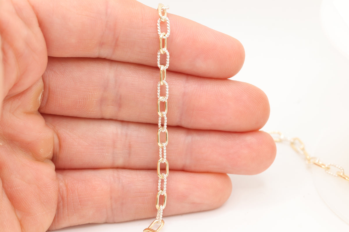 3.7mm Knurled Cable Two Tone Chain, 14/20 Gold-Filled and 925 Sterling Silver, Wholesale, Pay Per Foot, Permanent Jewelry Making Chain