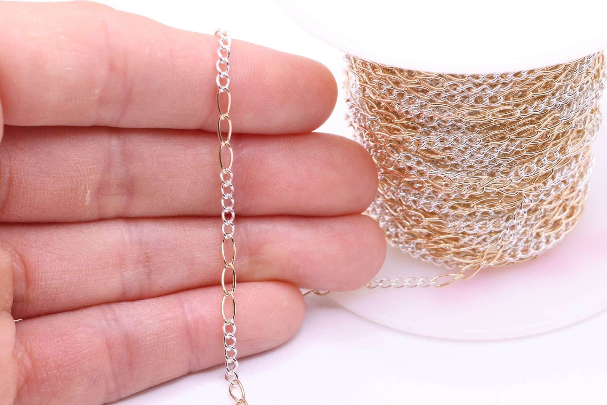 2.5mm x 6mm Figaro Two Tone Chain, 14/20 Gold - Filled and 925 Sterling Silver, Wholesale, Pay Per Foot, 5 & 3 Link Jewelry Making Chain - HarperCrown