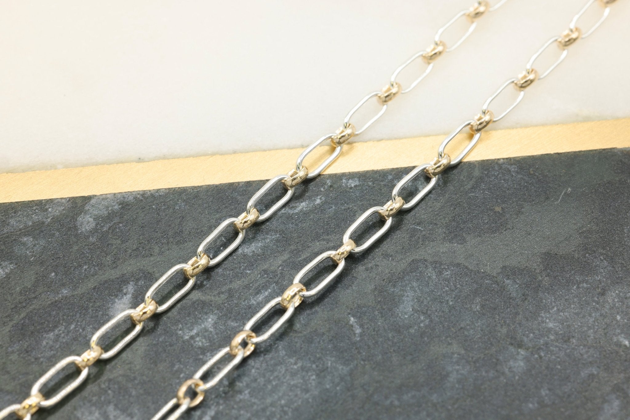 2.5mm x 6mm Long & Short Two Tone Chain, 14/20 Gold-Filled and 925 Sterling Silver, Wholesale, Pay Per Foot, 1 & 1 Link Jewelry Making Chain - HarperCrown