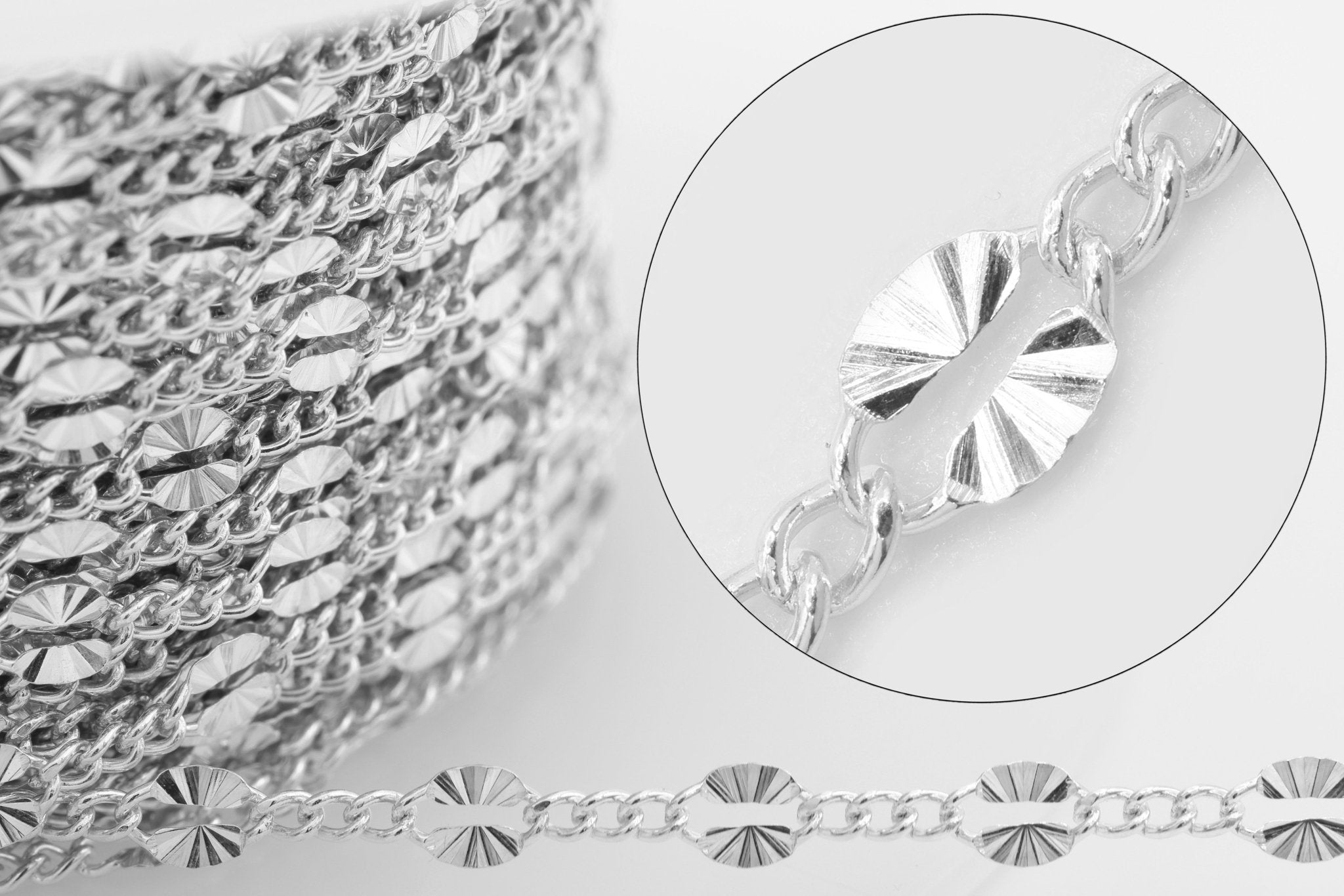 2.8mm x 4.5mm Starburst Curb Chain, 925 Sterling Silver, Wholesale, Pay Per Foot, Jewelry Making Chain - HarperCrown