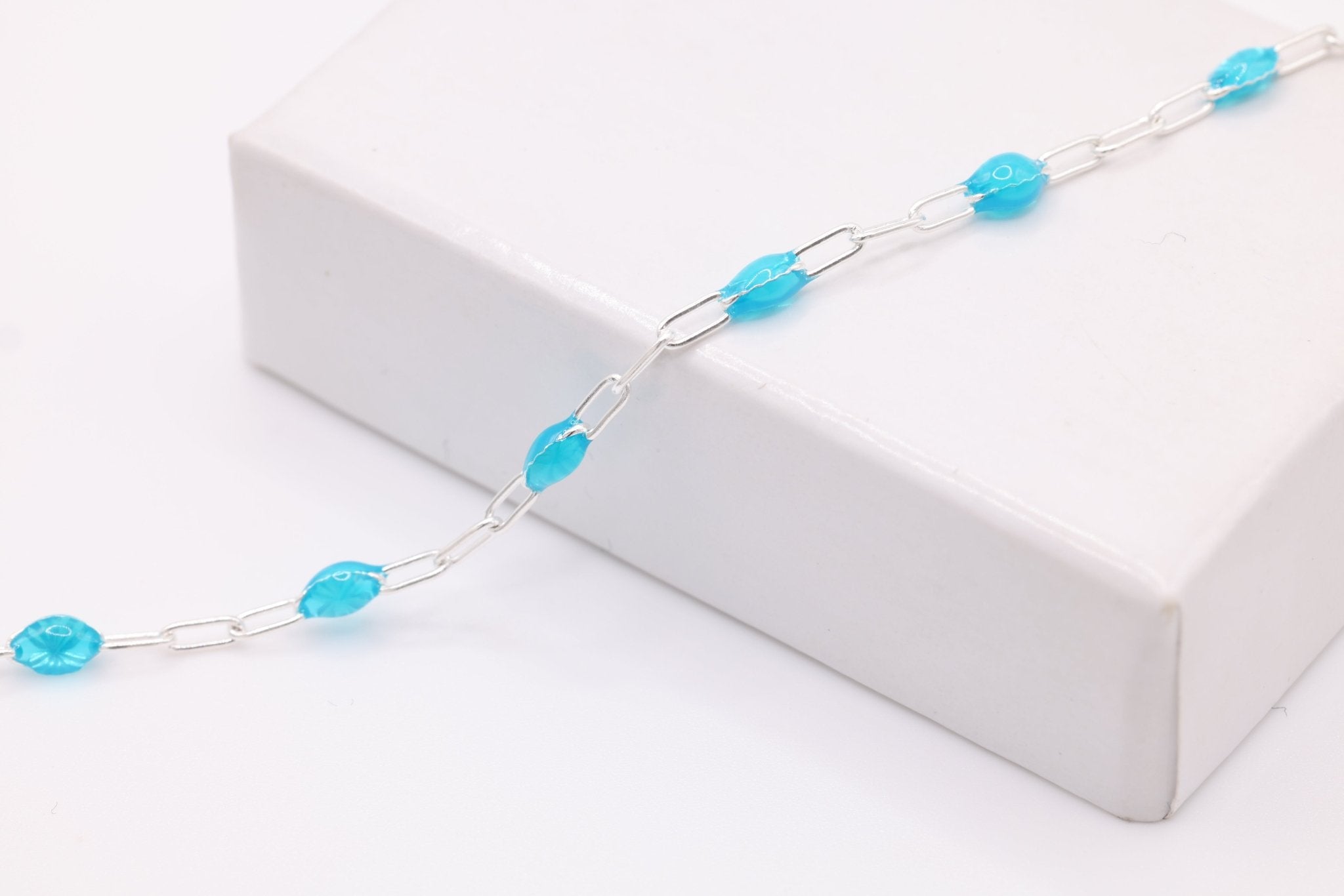 2mm x 2.5mm Paperclip Blue Enamel Chain, 925 Sterling Silver, Enamel Color Unfinished Chain Permanent Jewelry - HarperCrown