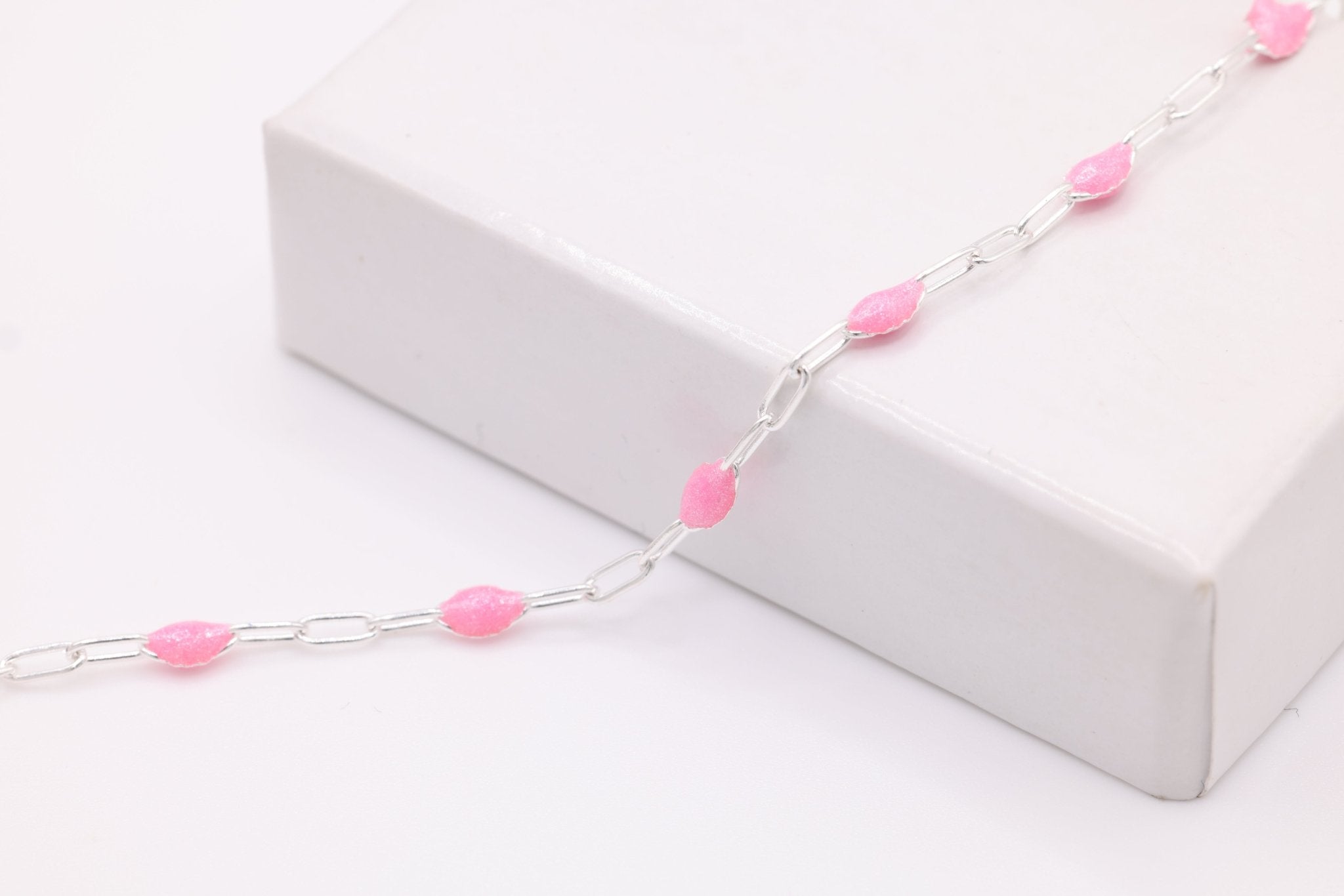 2mm x 2.5mm Paperclip Pink Enamel Chain, 925 Sterling Silver, Enamel Color Unfinished Chain Permanent Jewelry - HarperCrown