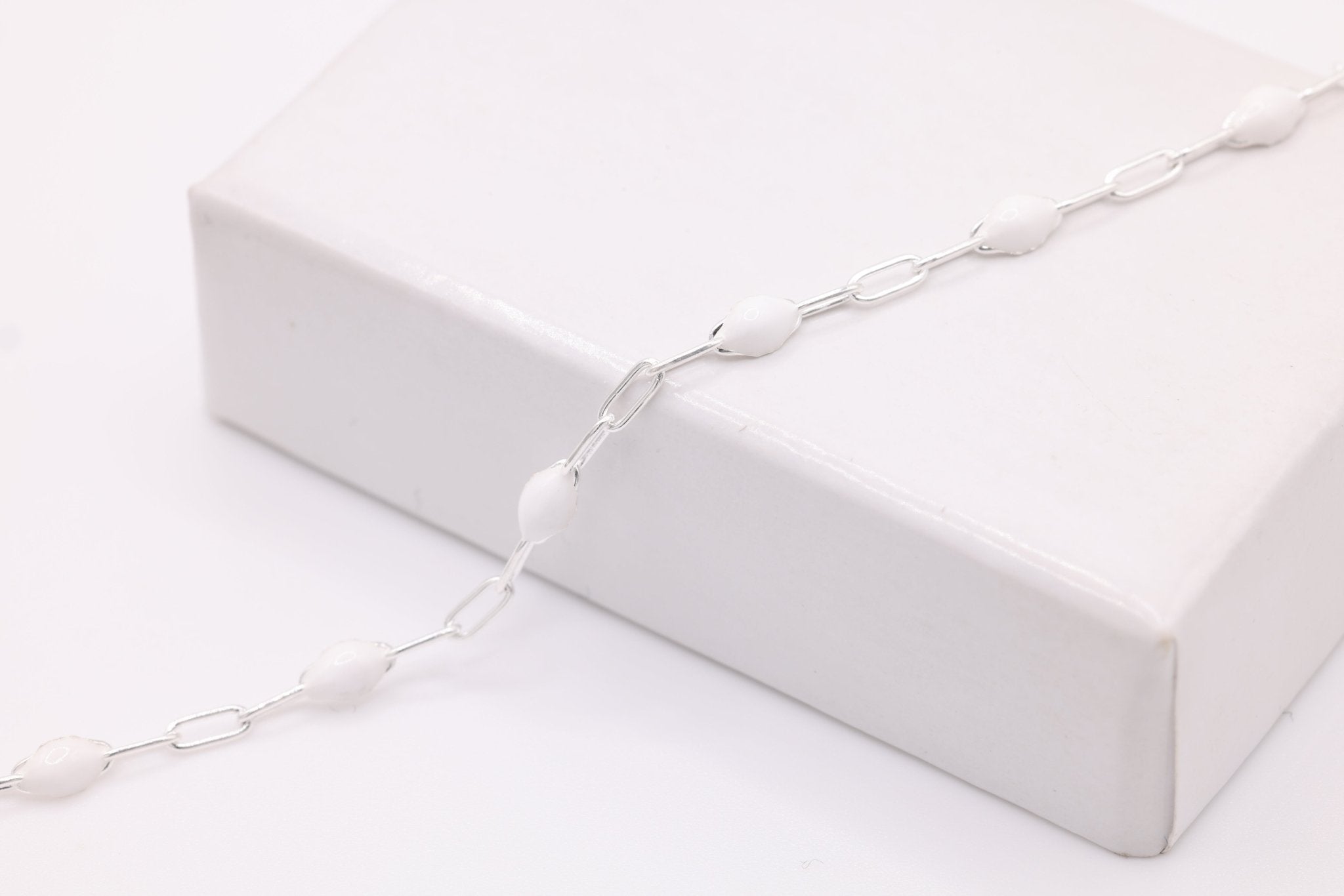 2mm x 2.5mm Paperclip White Enamel Chain, 925 Sterling Silver, Enamel Color Unfinished Chain Permanent Jewelry - HarperCrown