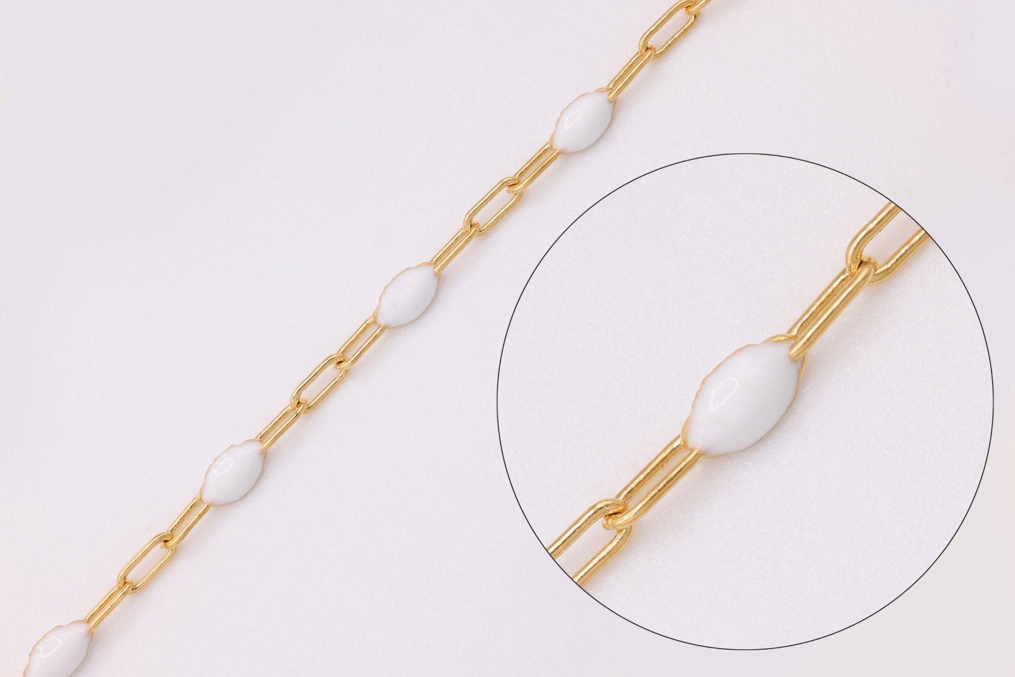 2mm x 2.5mm Paperclip White Enamel Chain, Gold - Filled, Enamel Color Unfinished Chain Permanent Jewelry - HarperCrown