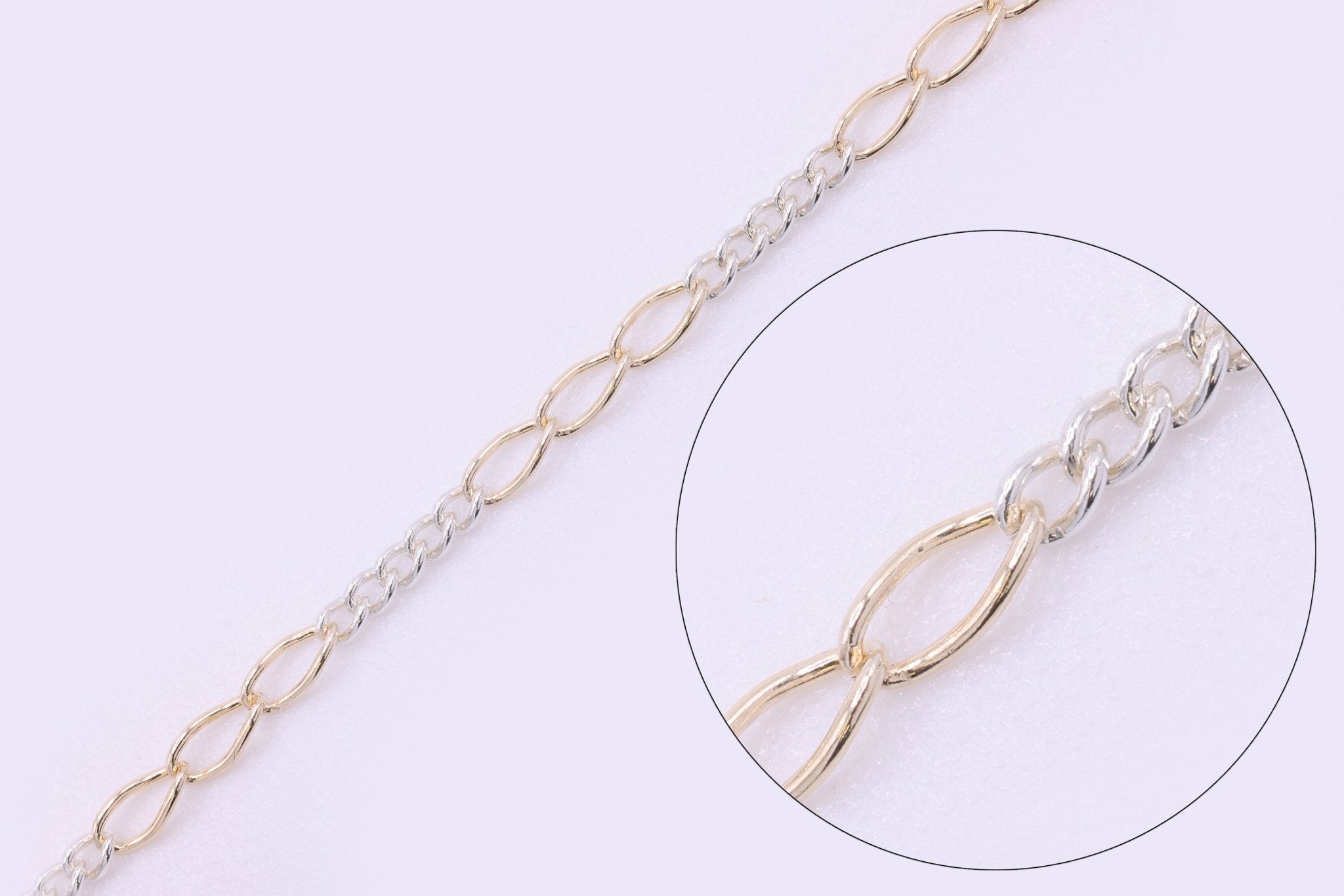 2mm x 3.5mm Figaro Two Tone Chain, 14/20 Gold - Filled and 925 Sterling Silver, Wholesale, Pay Per Foot, 5 & 3 Link Jewelry Making Chain - HarperCrown