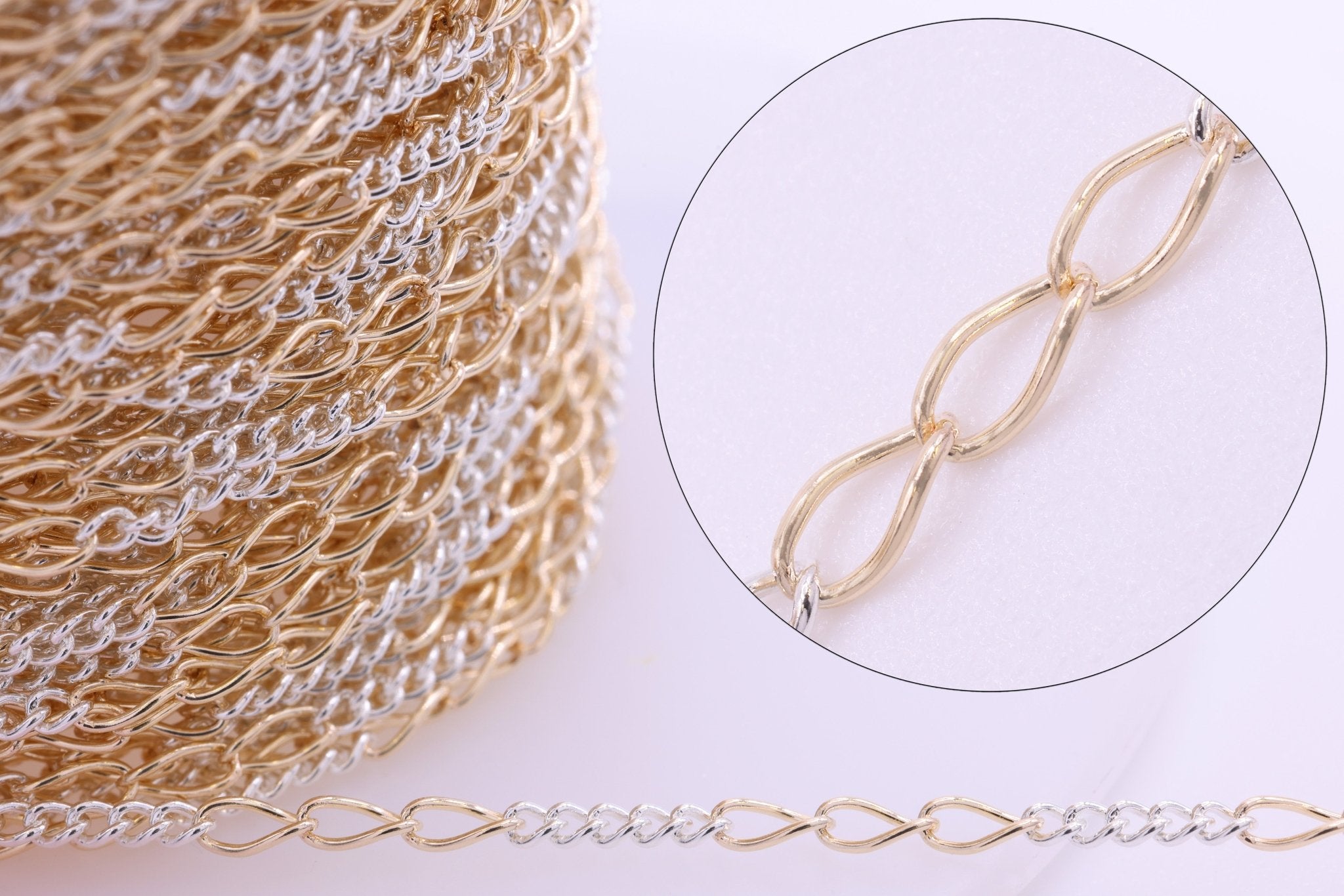 2mm x 3.5mm Figaro Two Tone Chain, 14/20 Gold - Filled and 925 Sterling Silver, Wholesale, Pay Per Foot, 5 & 3 Link Jewelry Making Chain - HarperCrown