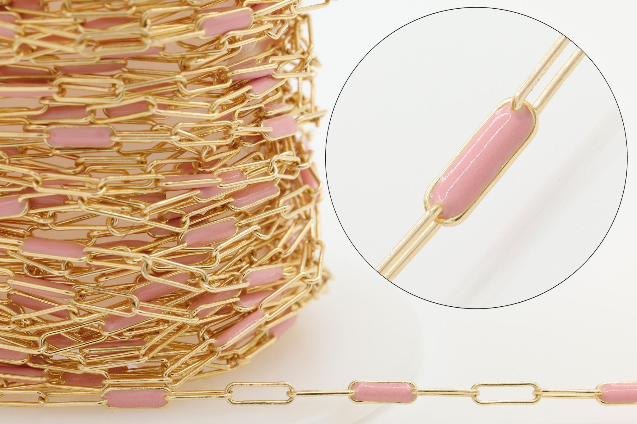 2mm x 5mm Paperclip Precision Pink Enamel Chain, 14/20 Gold - Filled, Wholesale, Chain Permanent Jewelry - HarperCrown