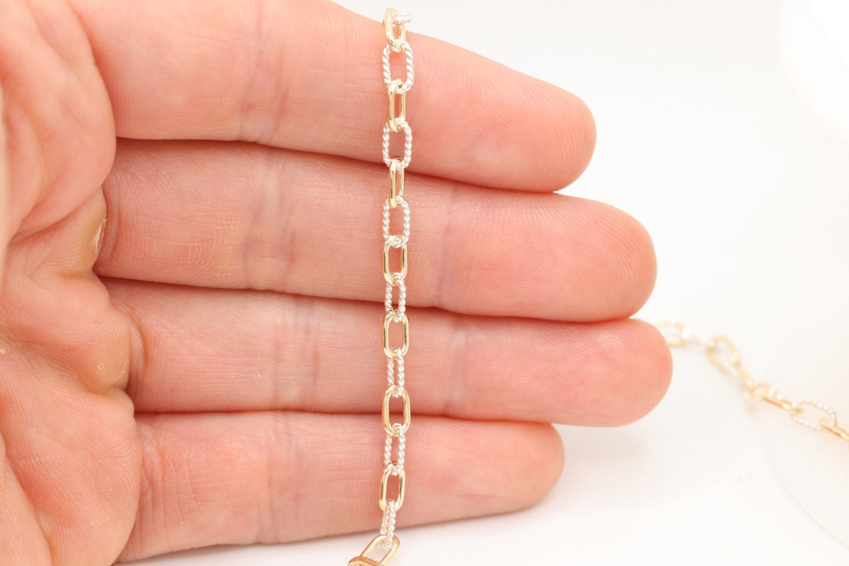 3.7mm Knurled Cable Two Tone Chain, 14/20 Gold-Filled and 925 Sterling Silver, Wholesale, Pay Per Foot, Permanent Jewelry Making Chain - HarperCrown