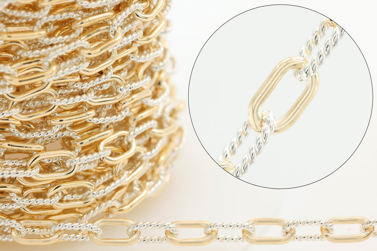 3.7mm Knurled Cable Two Tone Chain, 14/20 Gold-Filled and 925 Sterling Silver, Wholesale, Pay Per Foot, Permanent Jewelry Making Chain - HarperCrown