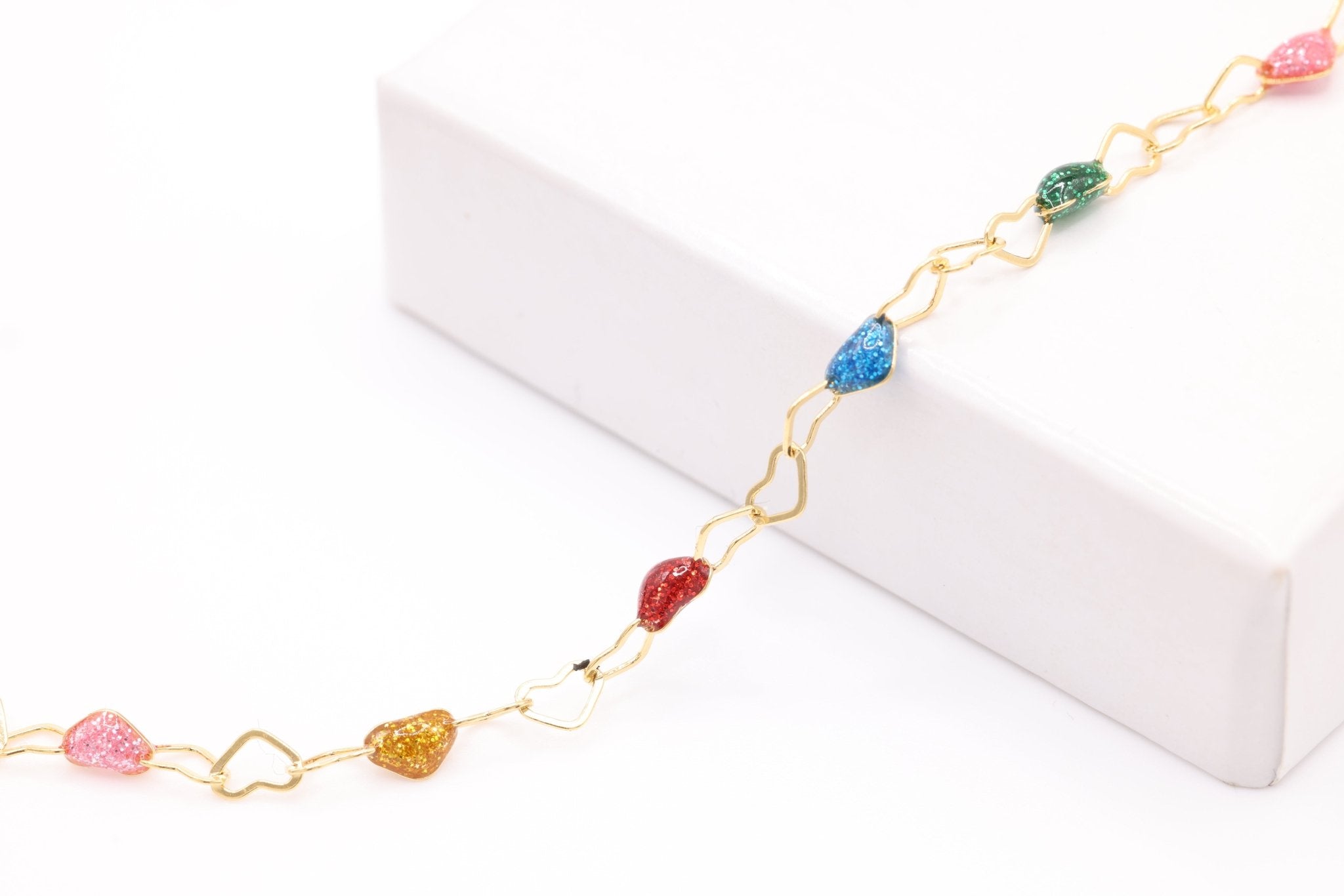 3mm x 3mm Heart Multi Color Enamel Chain, 14/20 Gold - Filled, Enamel Color Unfinished Chain Permanent Jewelry - HarperCrown