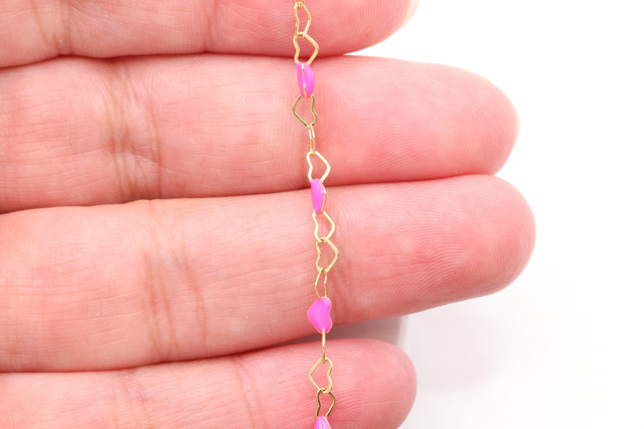 3mm x 3mm Heart Pink Enamel Chain, 14/20 Gold - Filled, Enamel Color Unfinished Chain Permanent Jewelry - HarperCrown