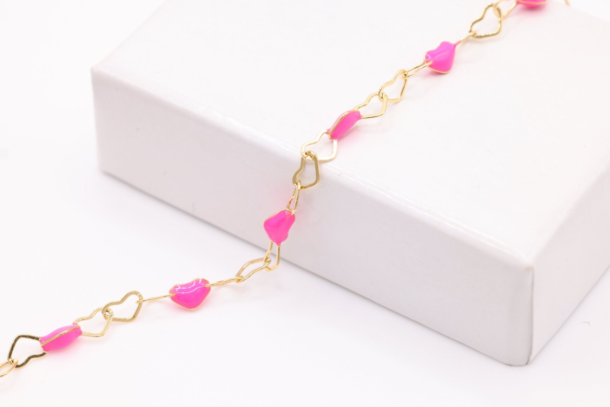 3mm x 3mm Heart Pink Enamel Chain, 14/20 Gold - Filled, Enamel Color Unfinished Chain Permanent Jewelry - HarperCrown