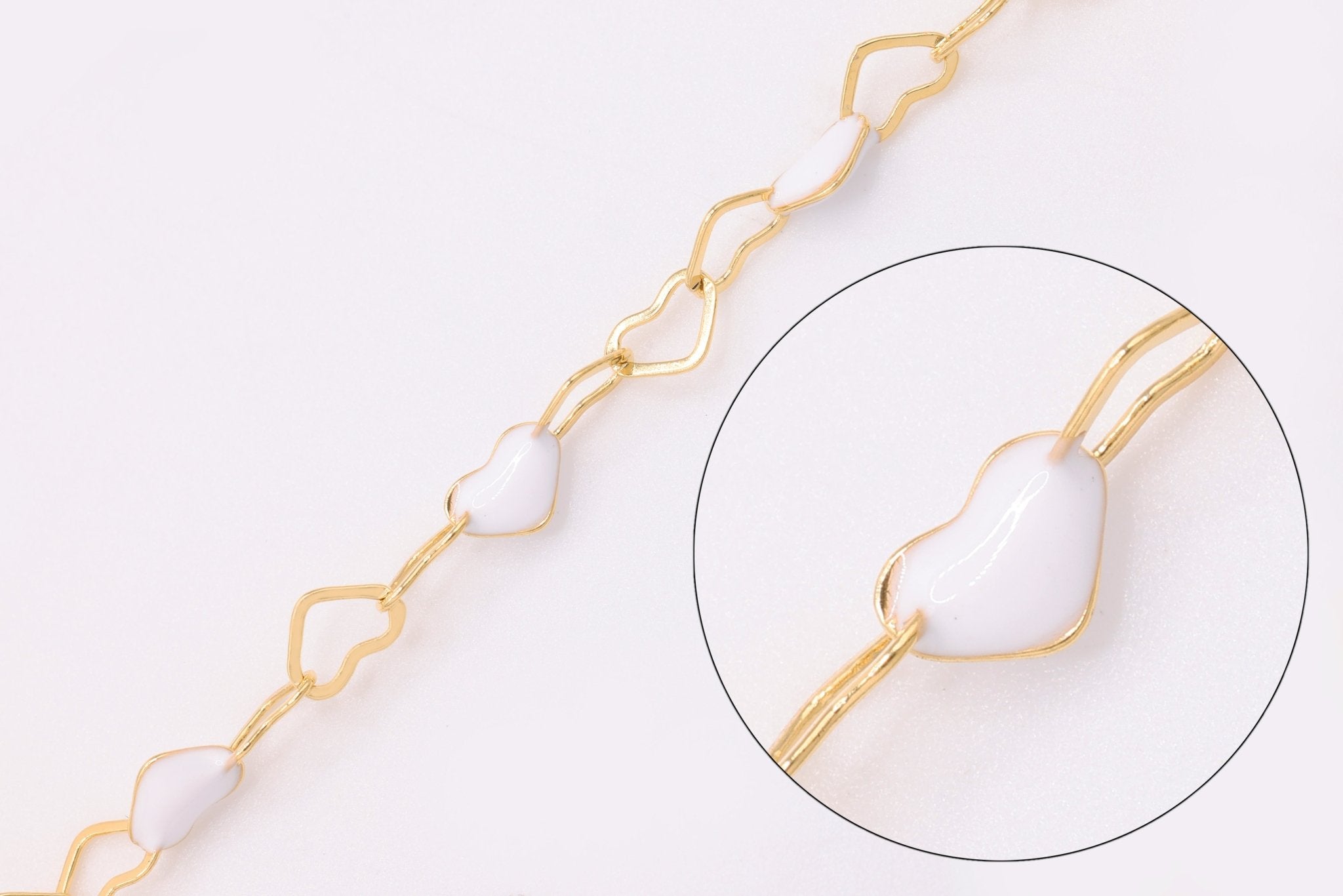 3mm x 3mm Heart White Enamel Chain, 14/20 Gold - Filled, Enamel Color Unfinished Chain Permanent Jewelry - HarperCrown