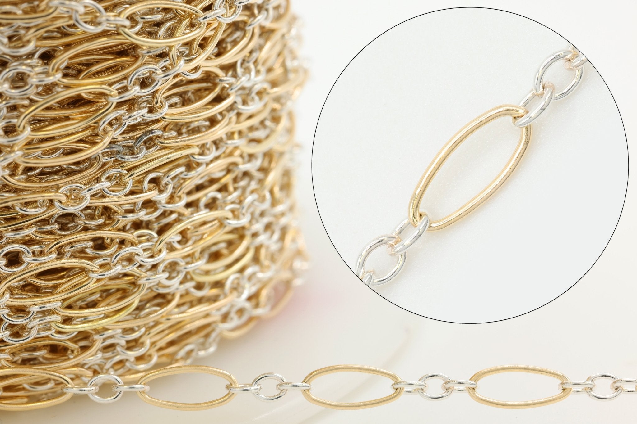 3mm x 7.5mm Long & Short Oval Two Tone Chain, 14/20 Gold - Filled or 925 Sterling Silver, Wholesale, Pay Per Foot, Jewelry Making Chain - HarperCrown