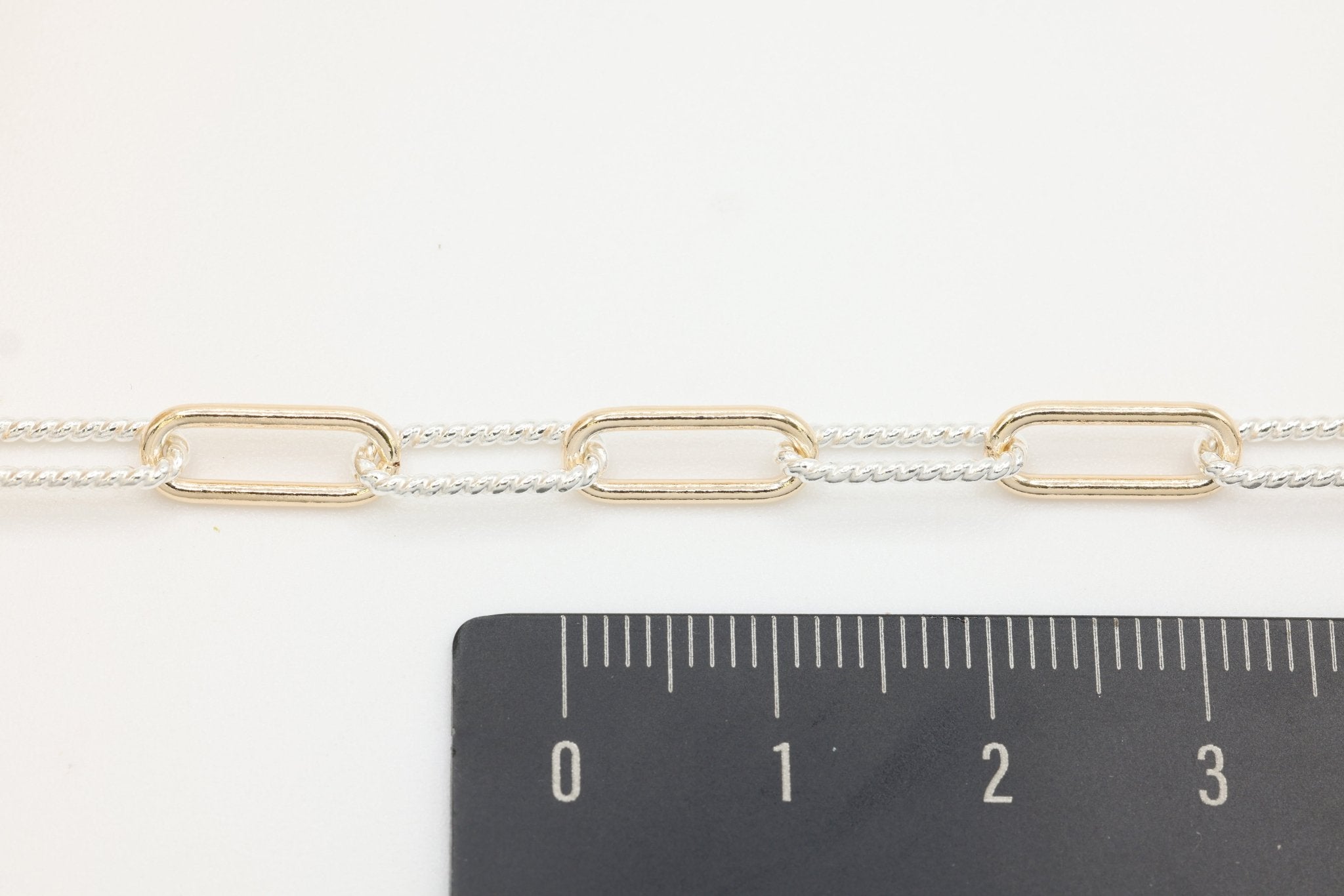 4.5mm x 12.5mm Elongated Knurled Cable Two Tone Chain, 14/20 Gold - Filled and 925 Sterling Silver, Wholesale, Pay Per Inch, Permanent Jewelry Making Chain - HarperCrown