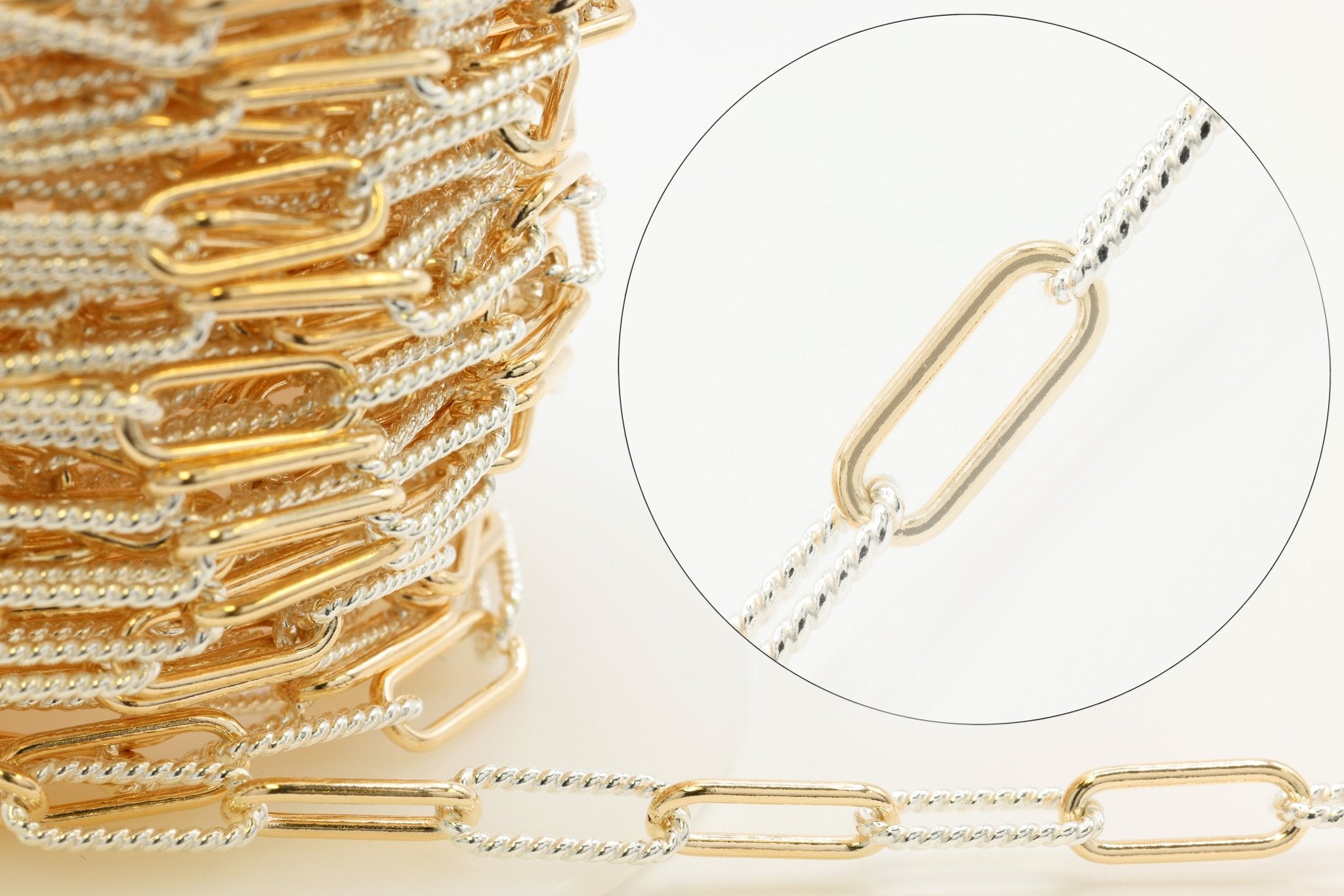 4.5mm x 12.5mm Elongated Knurled Cable Two Tone Chain, 14/20 Gold - Filled and 925 Sterling Silver, Wholesale, Pay Per Inch, Permanent Jewelry Making Chain - HarperCrown