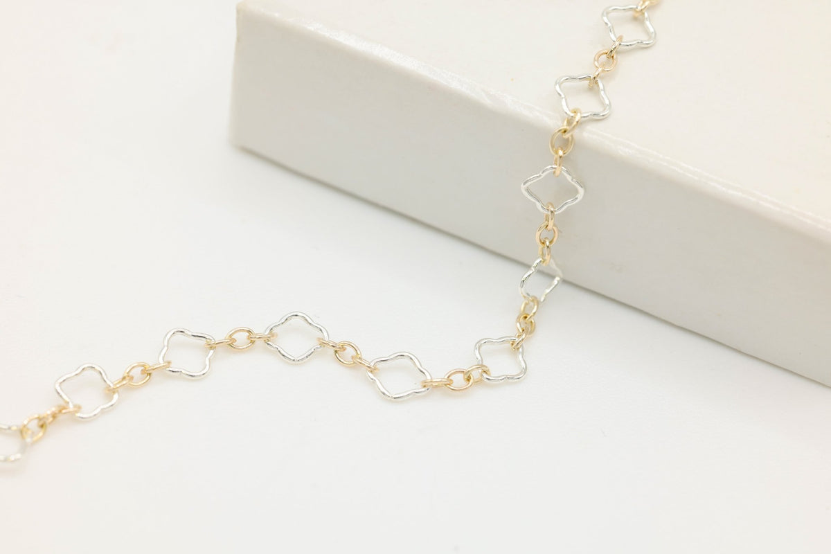 4mm Flower Long & Short Two Tone Chain, 14/20 Gold-Filled and 925 Sterling Silver, Wholesale, Pay Per Foot, Jewelry Making Chain - HarperCrown